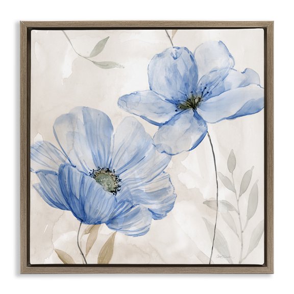 Stupell Industries Subtle Flower Duo in Blue Floral Painting Brown Floater Framed Canvas Art Print Wall Art, 18 x 18