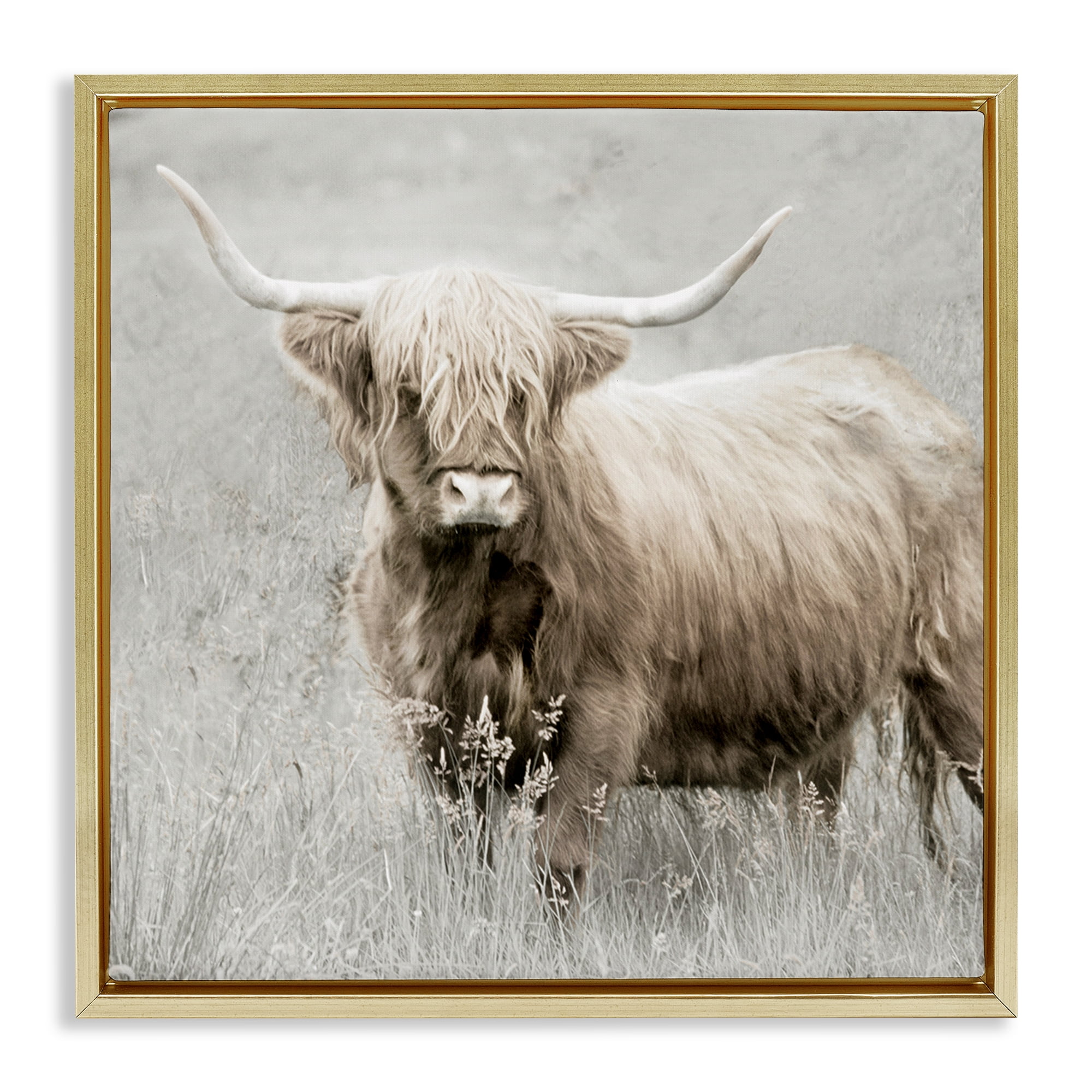 Stupell Industries Subtle Longhorn Cattle Animals & Insects Painting Gold Floater Framed Canvas Art Print Wall Art, 18 x 18