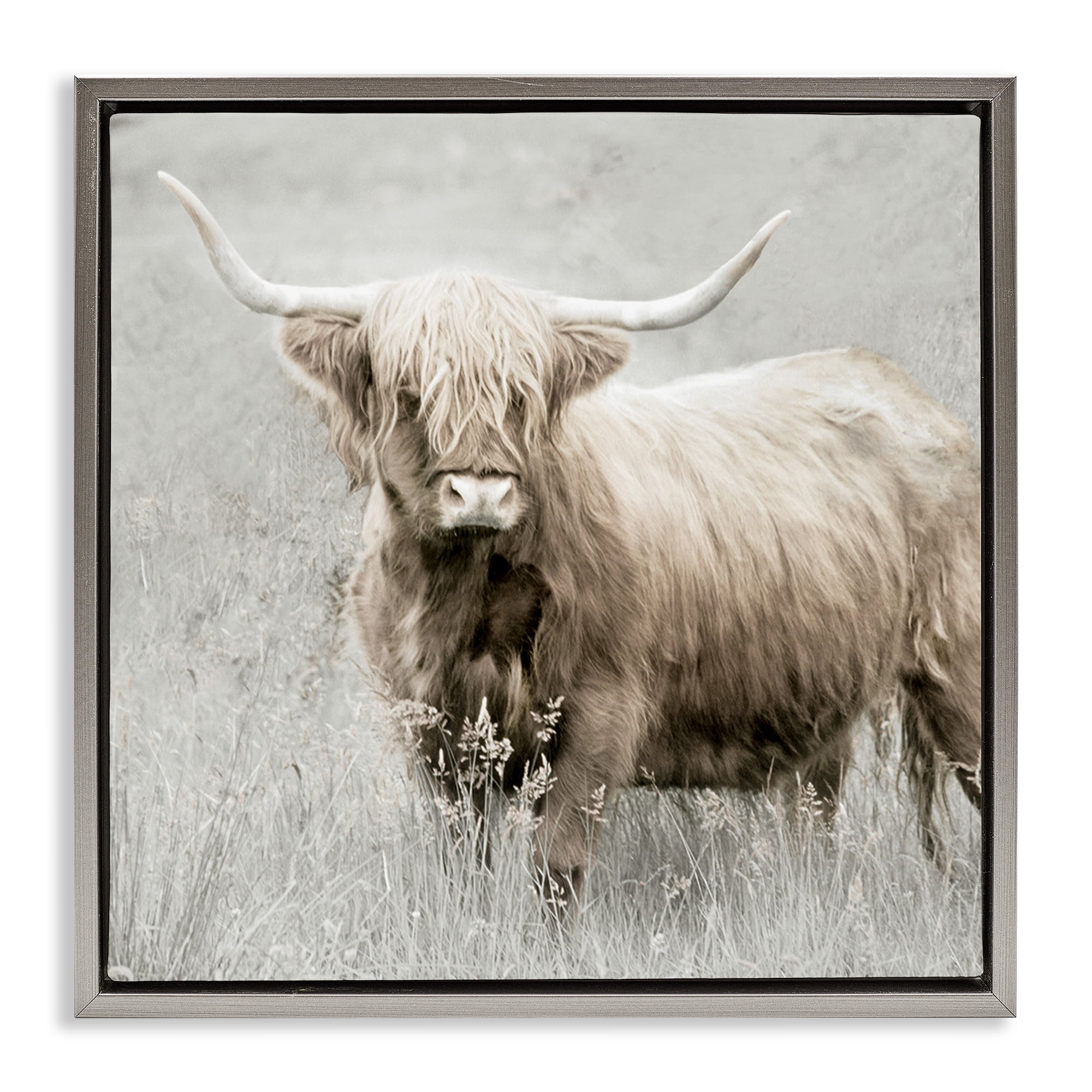 Stupell Industries Subtle Longhorn Cattle Animals & Insects Painting Gray Floater Framed Canvas Art Print Wall Art, 18 x 18
