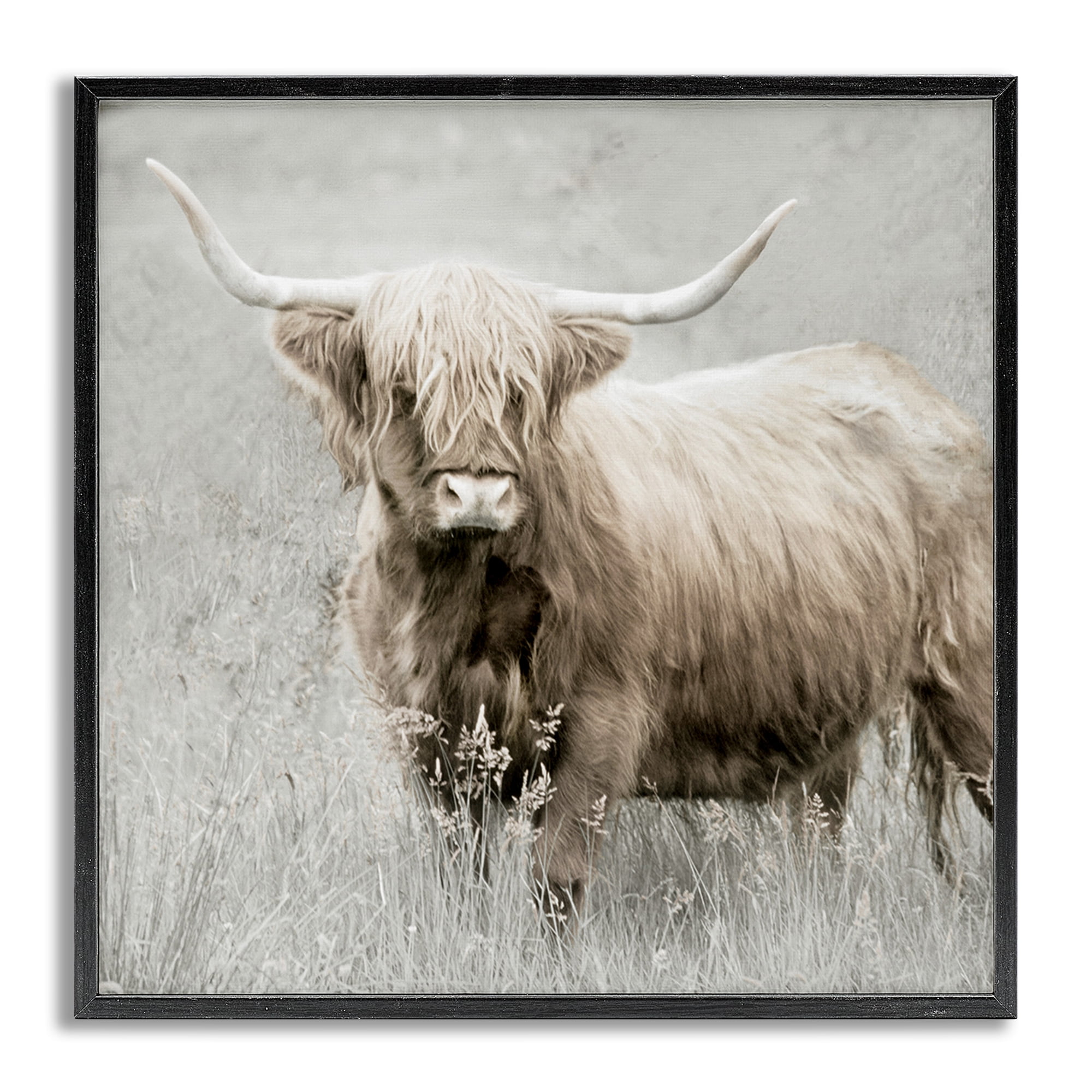 Stupell Industries Subtle Longhorn Cattle Animals & Insects Painting Gray Framed Art Print Wall Art, 12 x 12