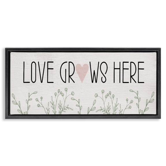 Stupell Industries Subtle Love Grows Here Black Framed Floater Canvas Wall Art design by Lil' Rue, 11 x 25