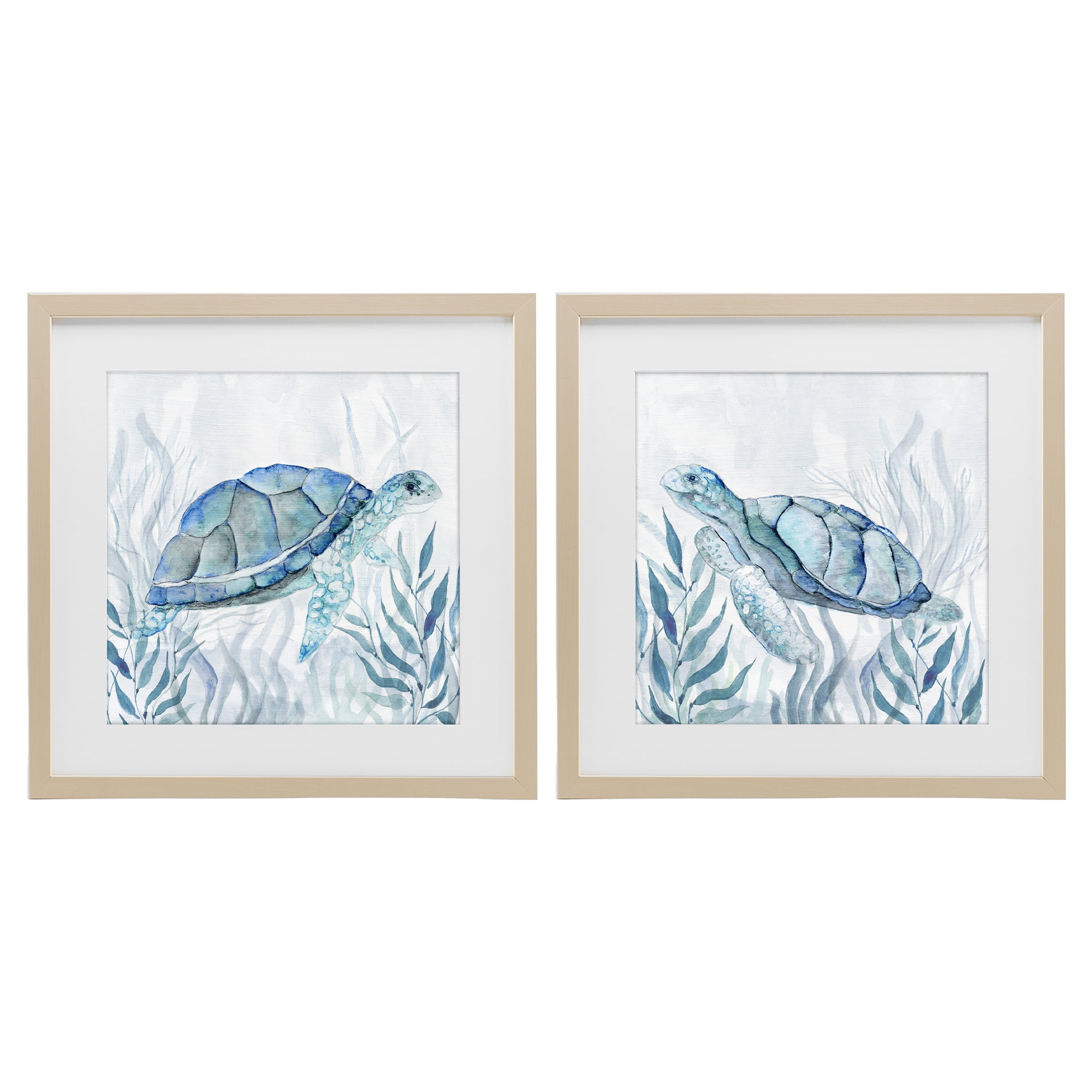 Stupell Industries Subtle Smiling Sea Turtles 2 Piece Birch Framed Print Under Glass Set, design by Janet Tava