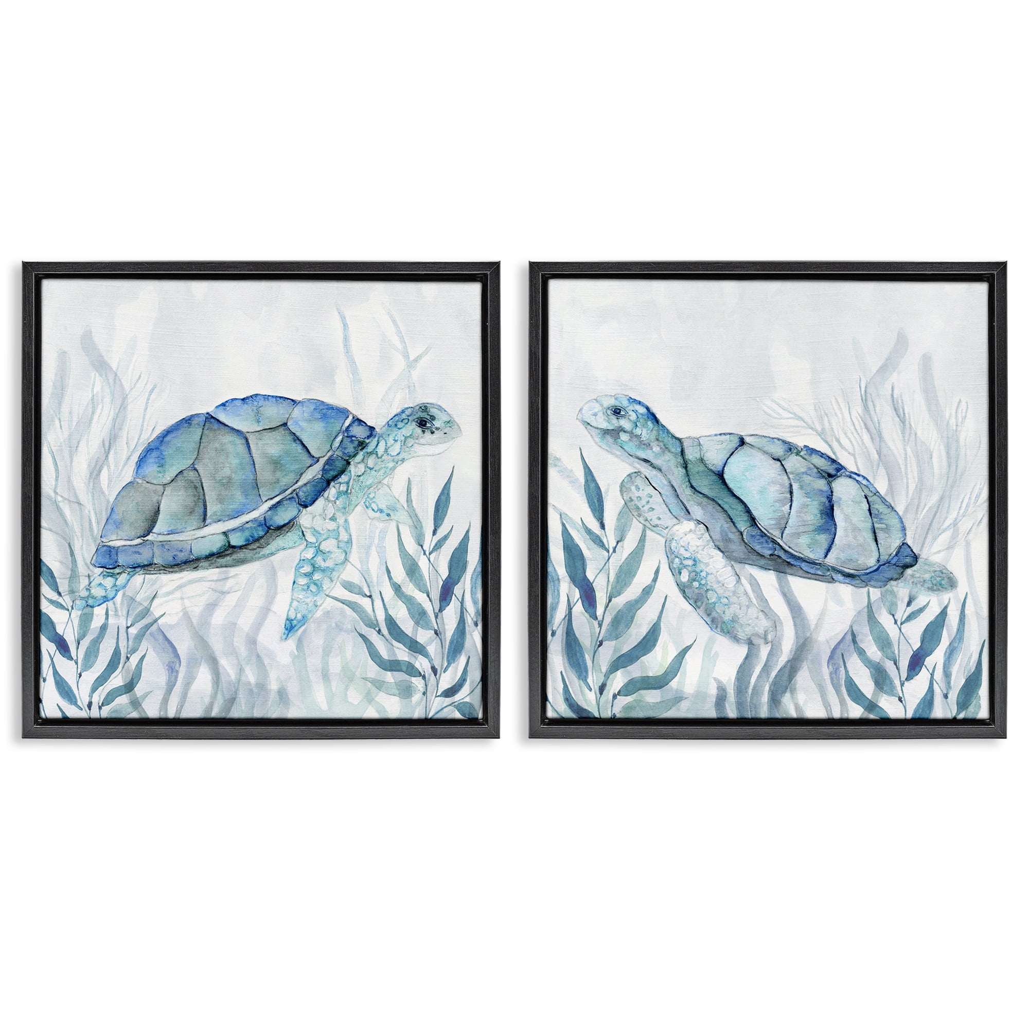 Stupell Industries Subtle Smiling Sea Turtles 2 Piece Black Framed Floater Canvas Set, design by Janet Tava