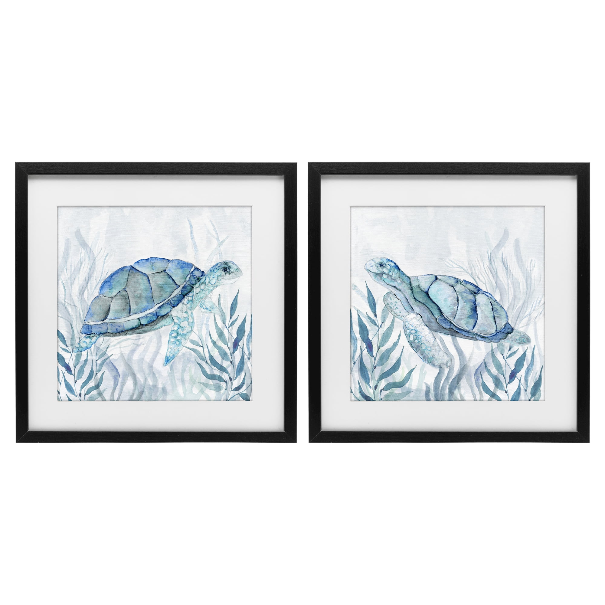 Stupell Industries Subtle Smiling Sea Turtles 2 Piece Black Framed Print Under Glass Set, design by Janet Tava