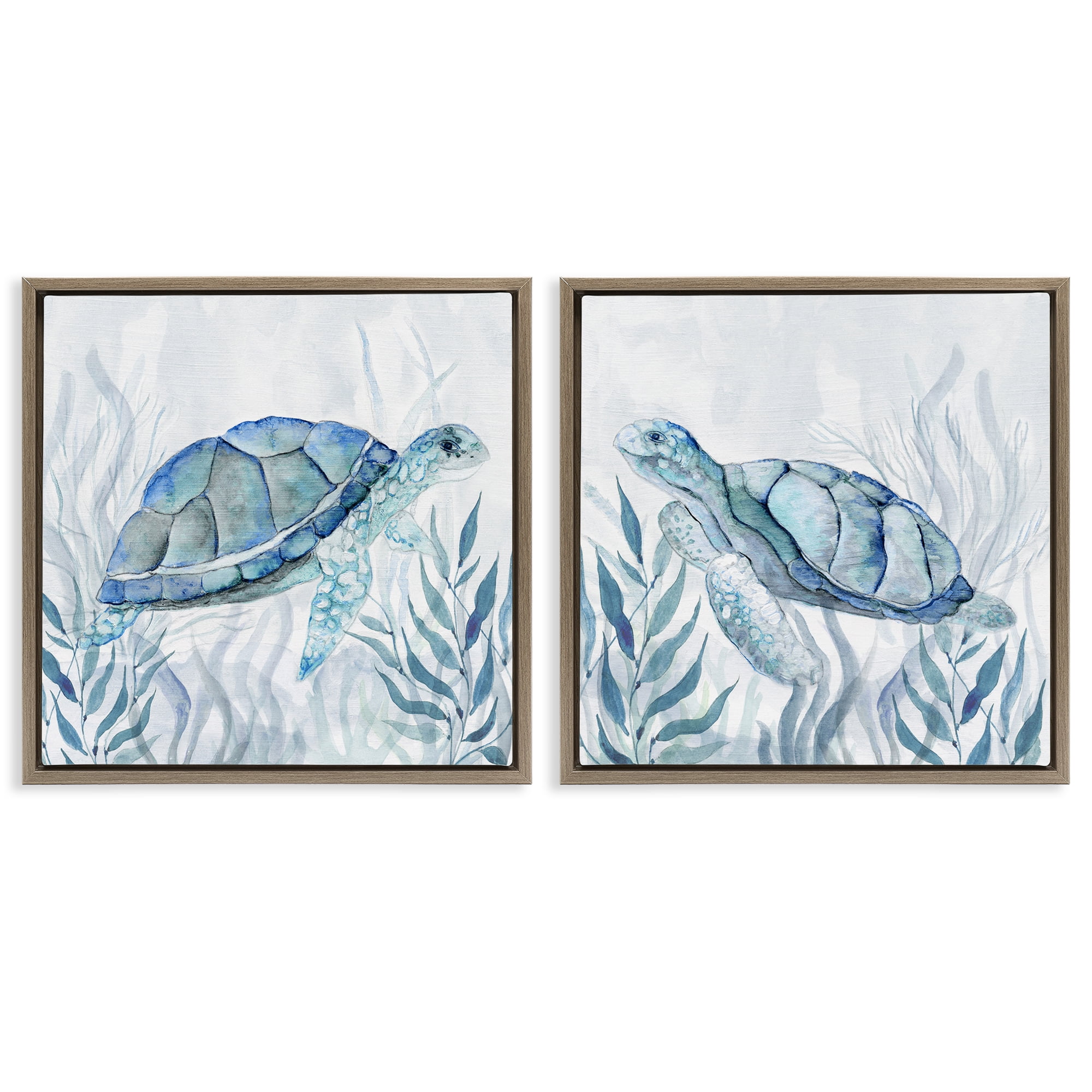 Stupell Industries Subtle Smiling Sea Turtles 2 Piece Brown Framed Floater Canvas Set, design by Janet Tava