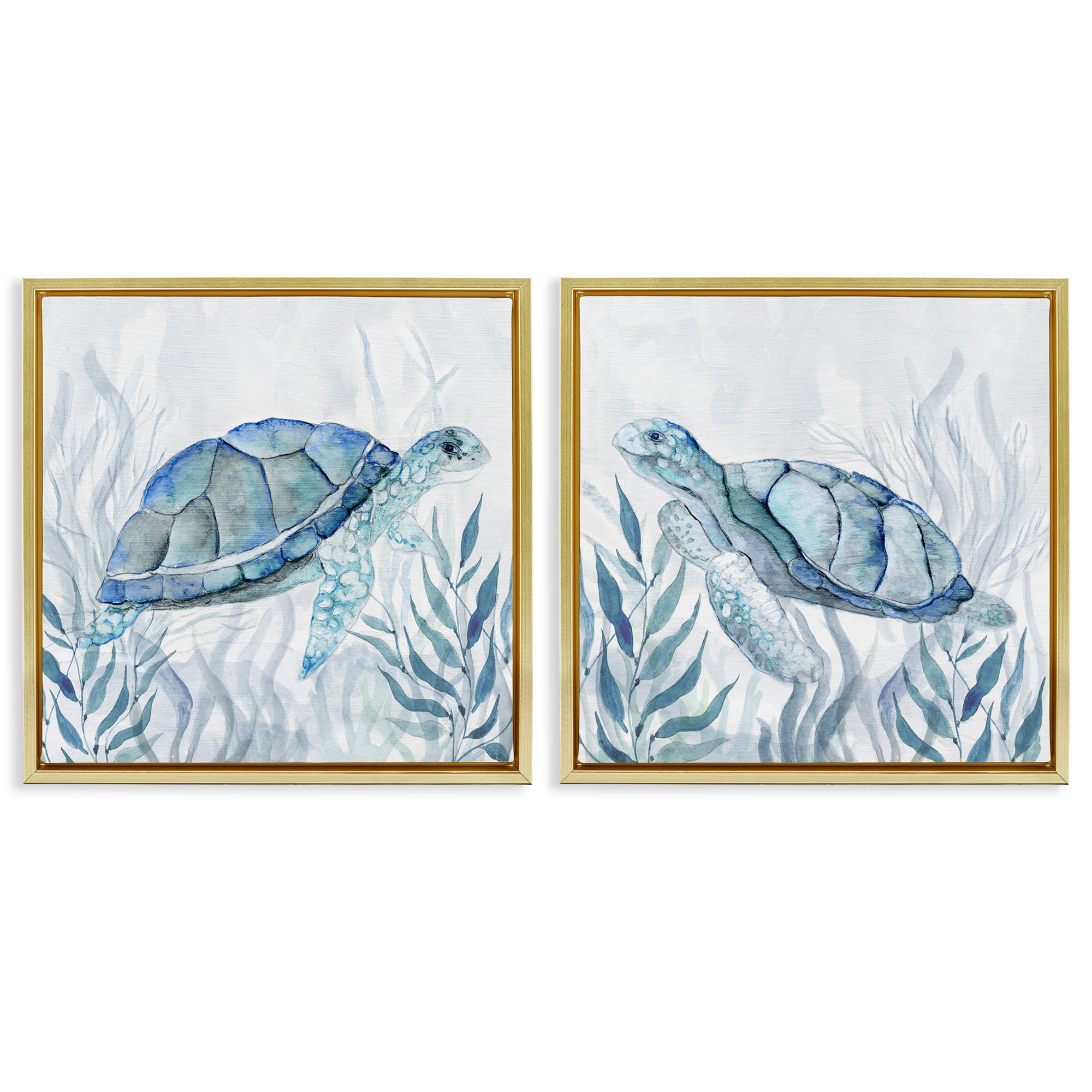 Stupell Industries Subtle Smiling Sea Turtles 2 Piece Gold Framed Floater Canvas Set, design by Janet Tava