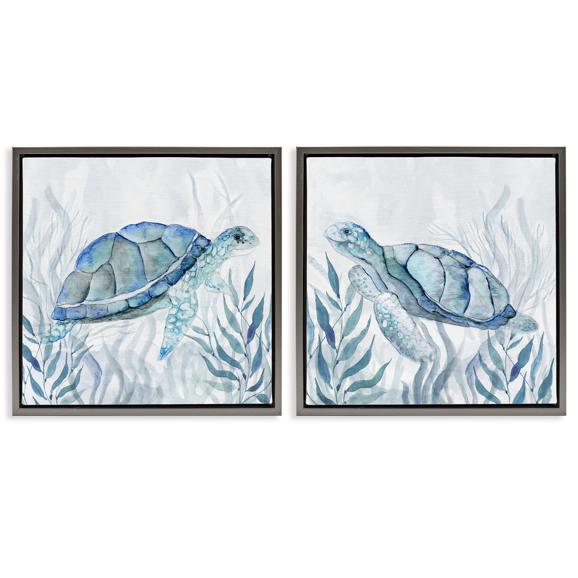 Stupell Industries Subtle Smiling Sea Turtles 2 Piece Gray Framed Floater Canvas Set, design by Janet Tava