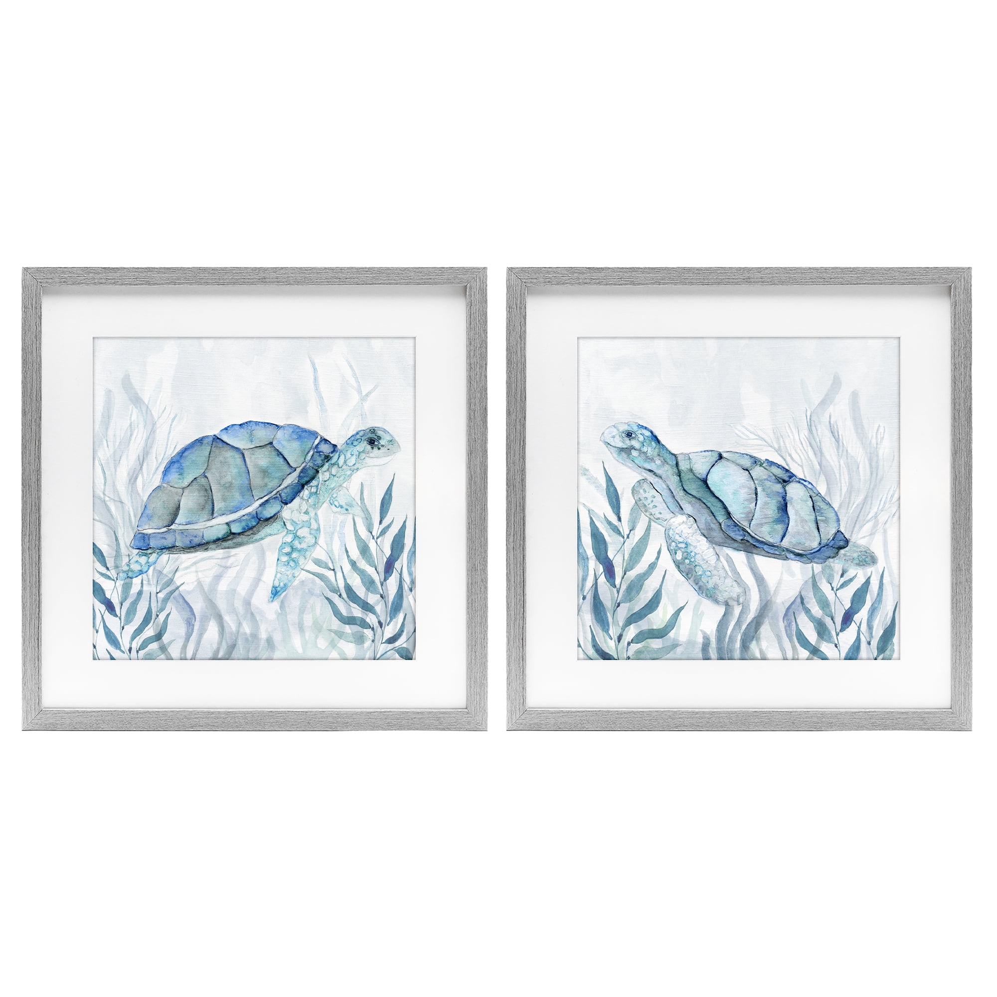 Stupell Industries Subtle Smiling Sea Turtles 2 Piece Gray Framed Print Under Glass Set, design by Janet Tava