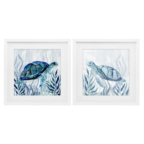 Stupell Industries Subtle Smiling Sea Turtles 2 Piece White Framed Print Under Glass Set, design by Janet Tava