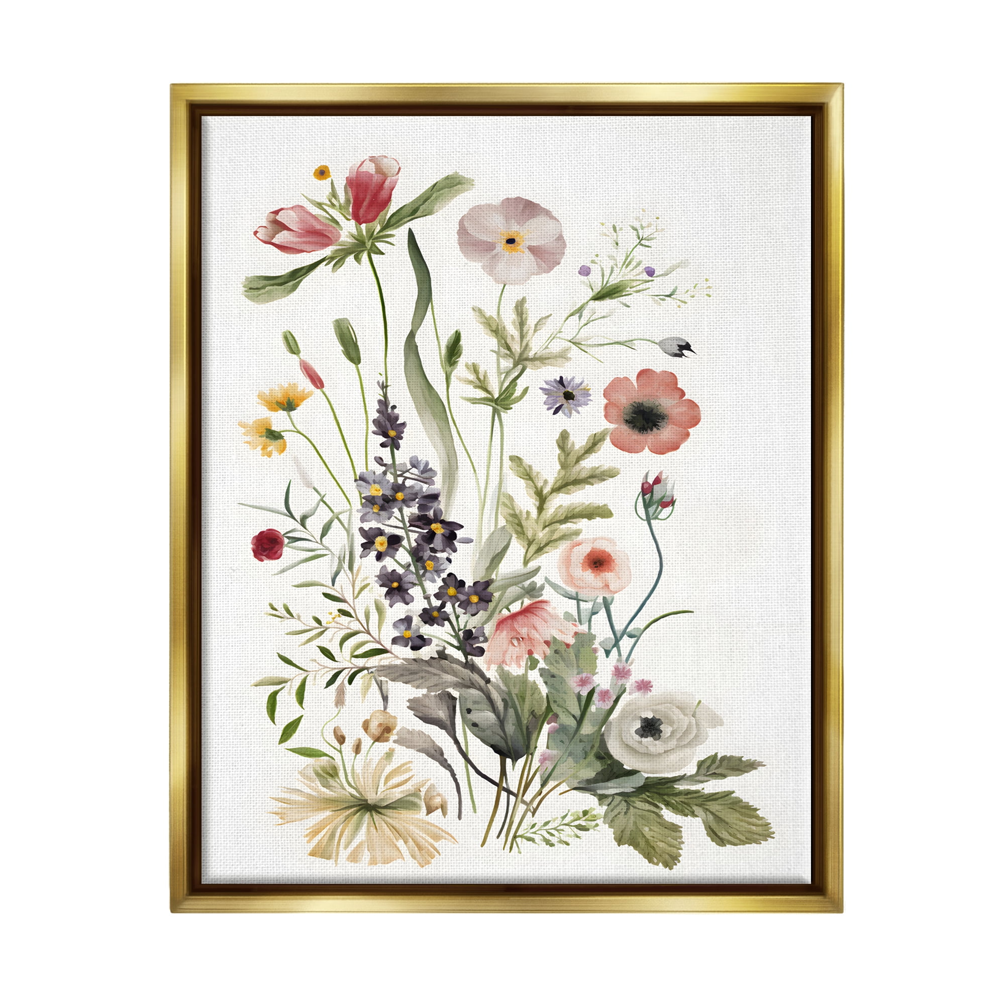 Stupell Industries Subtle Wildflower Blooms Botanical & Floral Painting Gold Floater Framed Canvas Art Print Wall Art, 17 x 21