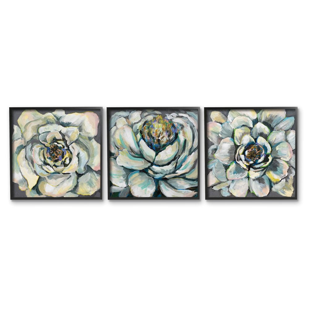Stupell Industries Succulent Blooms Green Yellow Paintings Black Framed Art Print Wall Art Set of 3, 12x12, by Jeanette Vertentes
