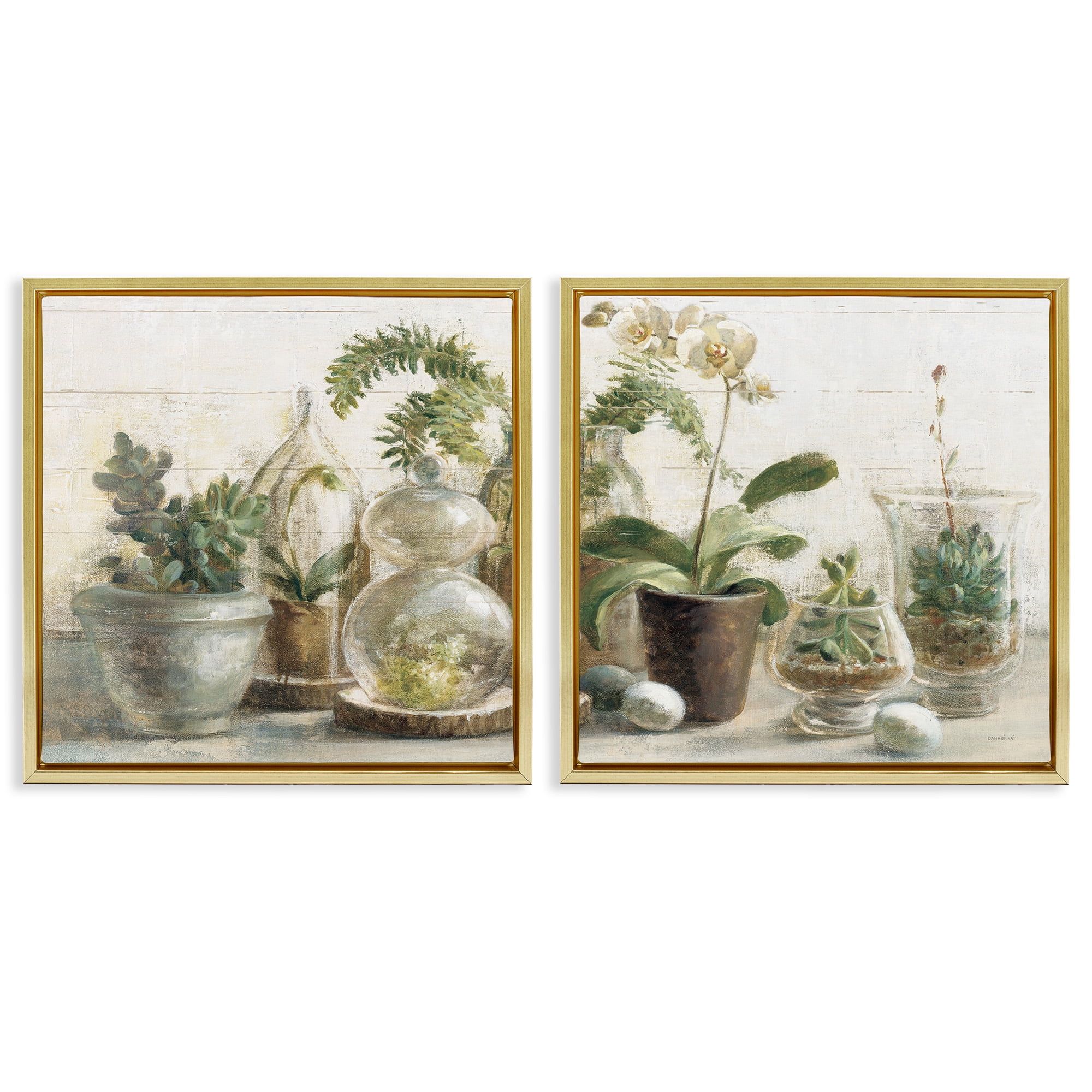 Stupell Industries Succulent House Plants Country Charm Botanical & Floral Painting Gold Floater Framed Canvas Art Print Wall Art, 25 x 25, Set of 2