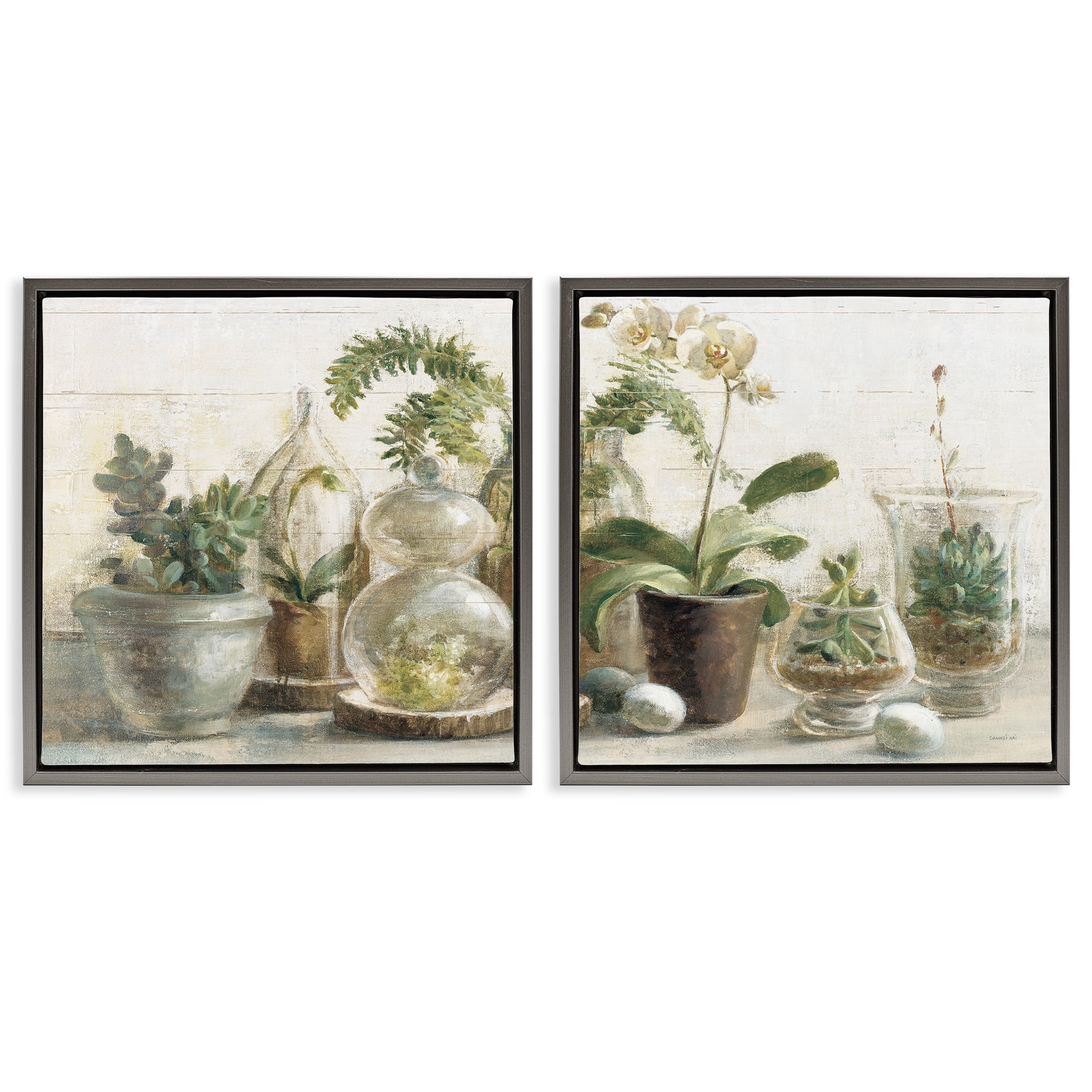Stupell Industries Succulent House Plants Country Charm Botanical & Floral Painting Gray Floater Framed Canvas Art Print Wall Art, 25 x 25, Set of 2