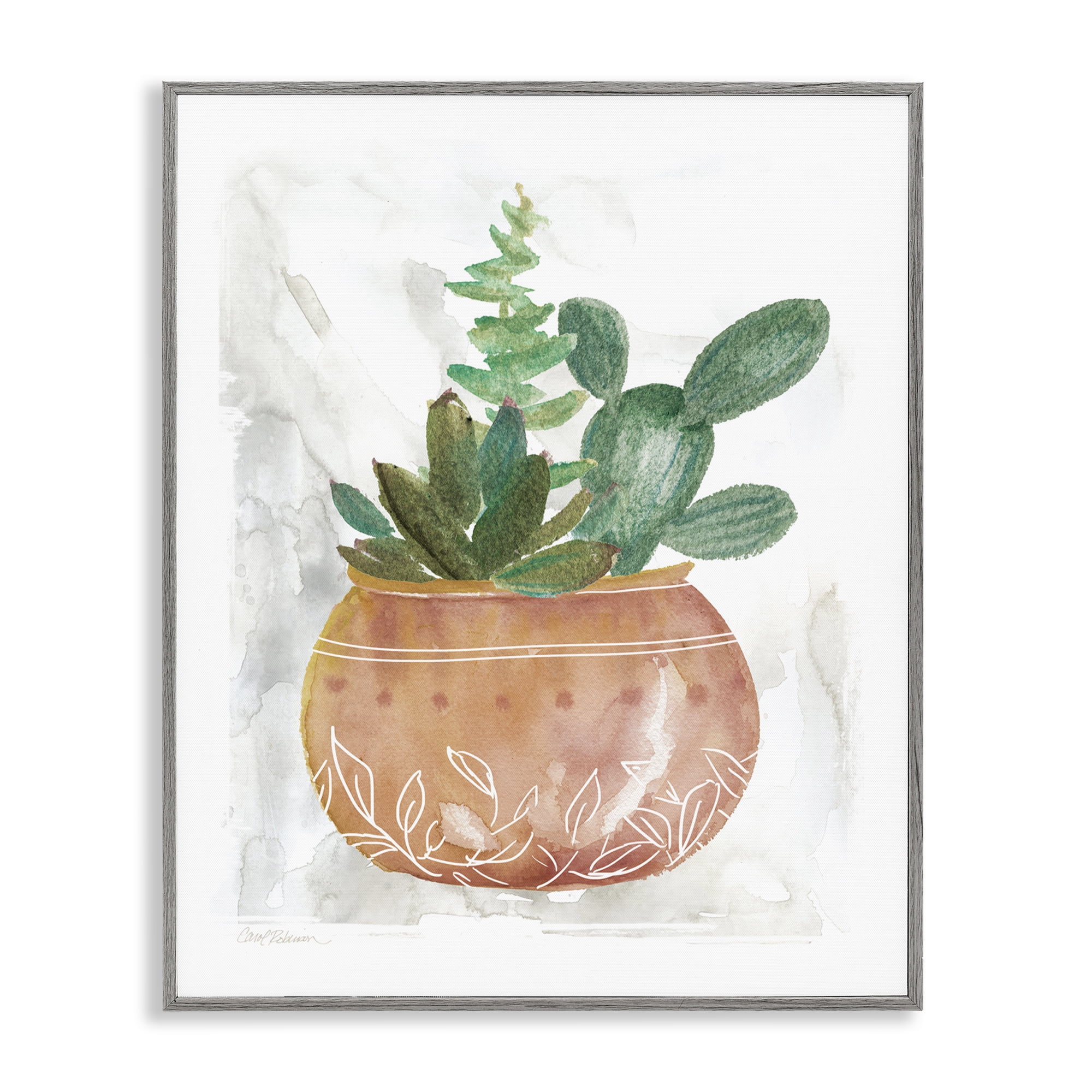 Stupell Industries Succulent Planter Vase Plants & Flowers Painting Gray Framed Art Print Wall Art, 11 x 14