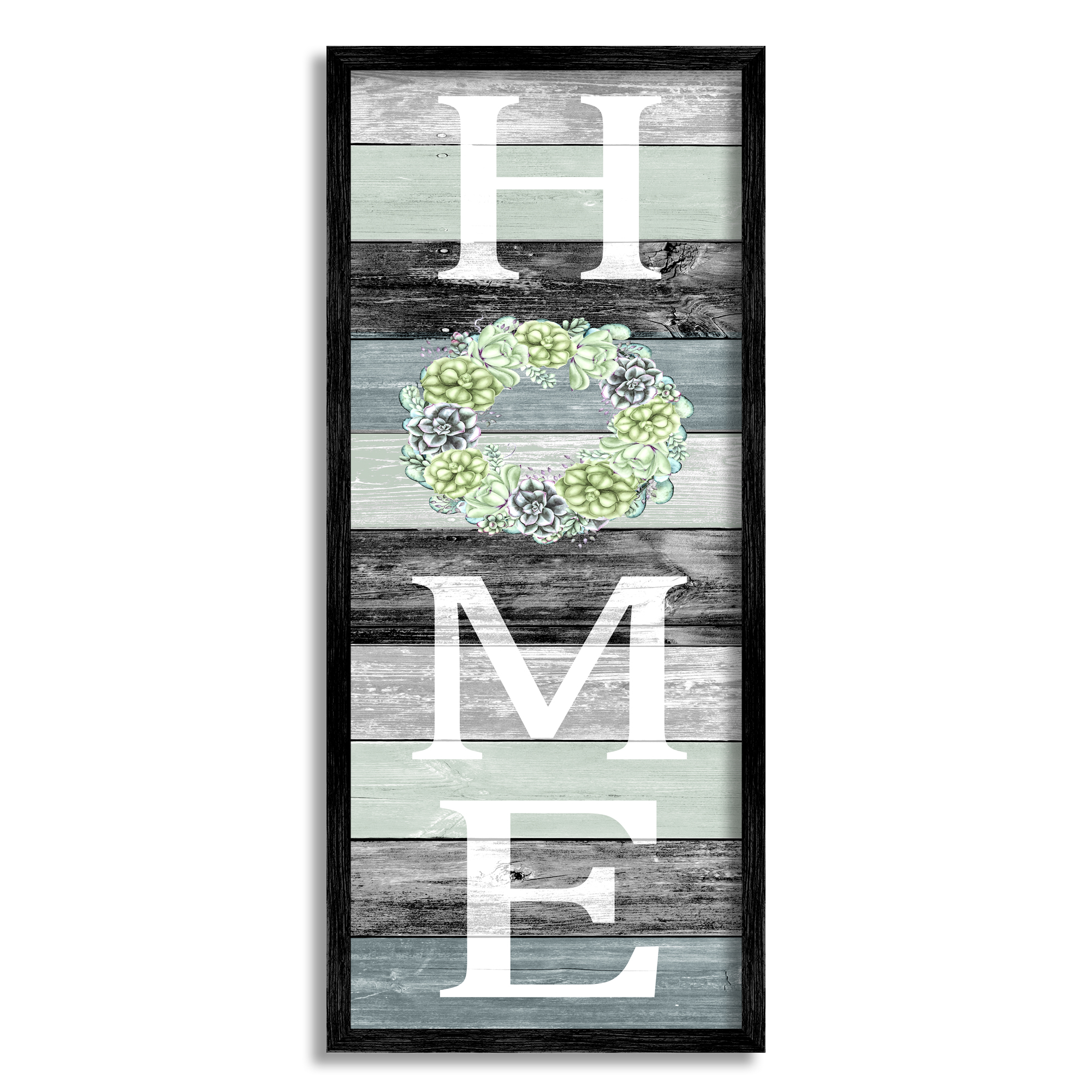 Stupell Industries Succulent Wreath Welcome Home Sign Green Black Graphic Art Black Framed Art Print Wall Art, 10x24, by Kimberly Allen