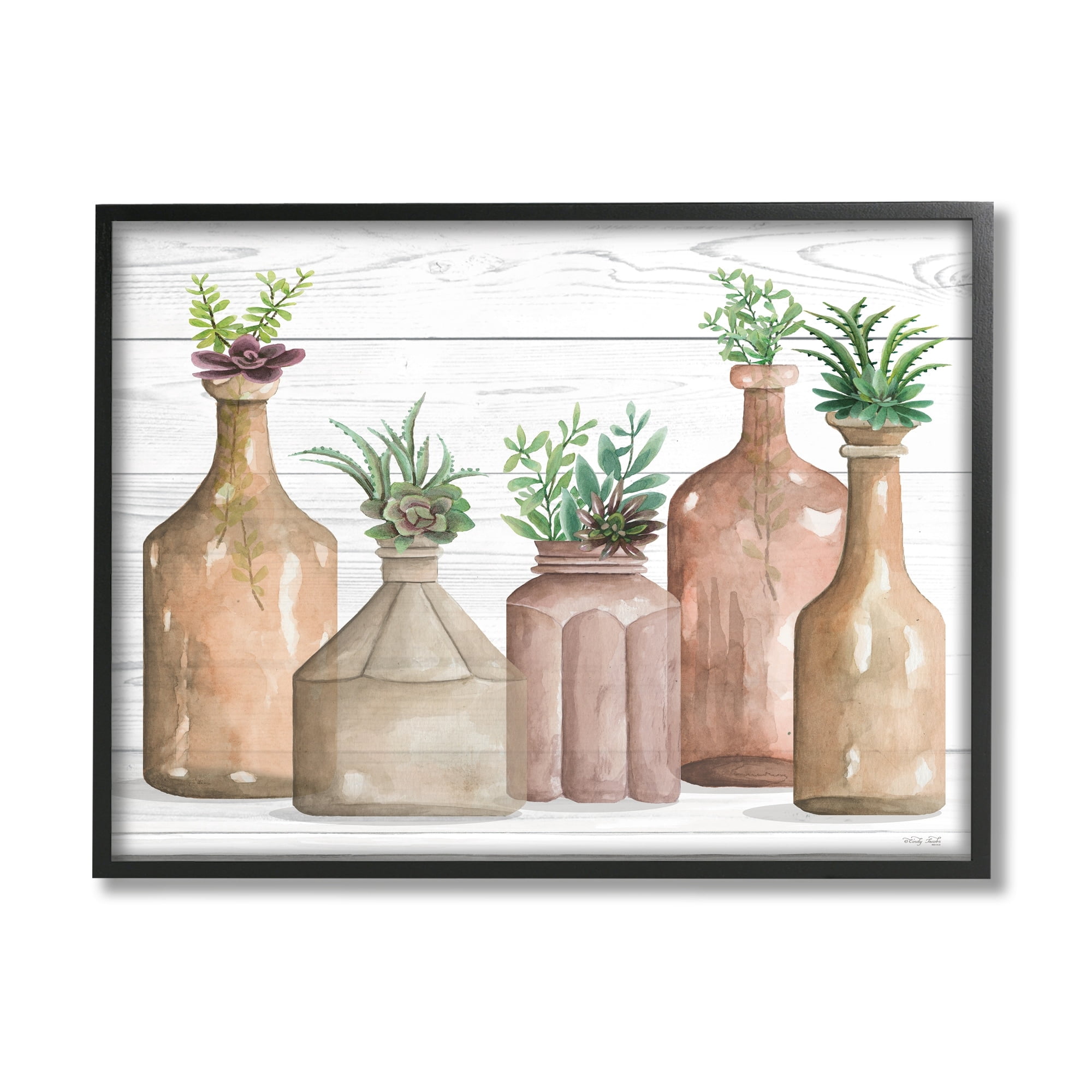 Stupell Industries Succulents Herbs Rustic Cottage Jars Leaves Arrangement Graphic Art Black Framed Art Print Wall Art, Design by Cindy Jacobs