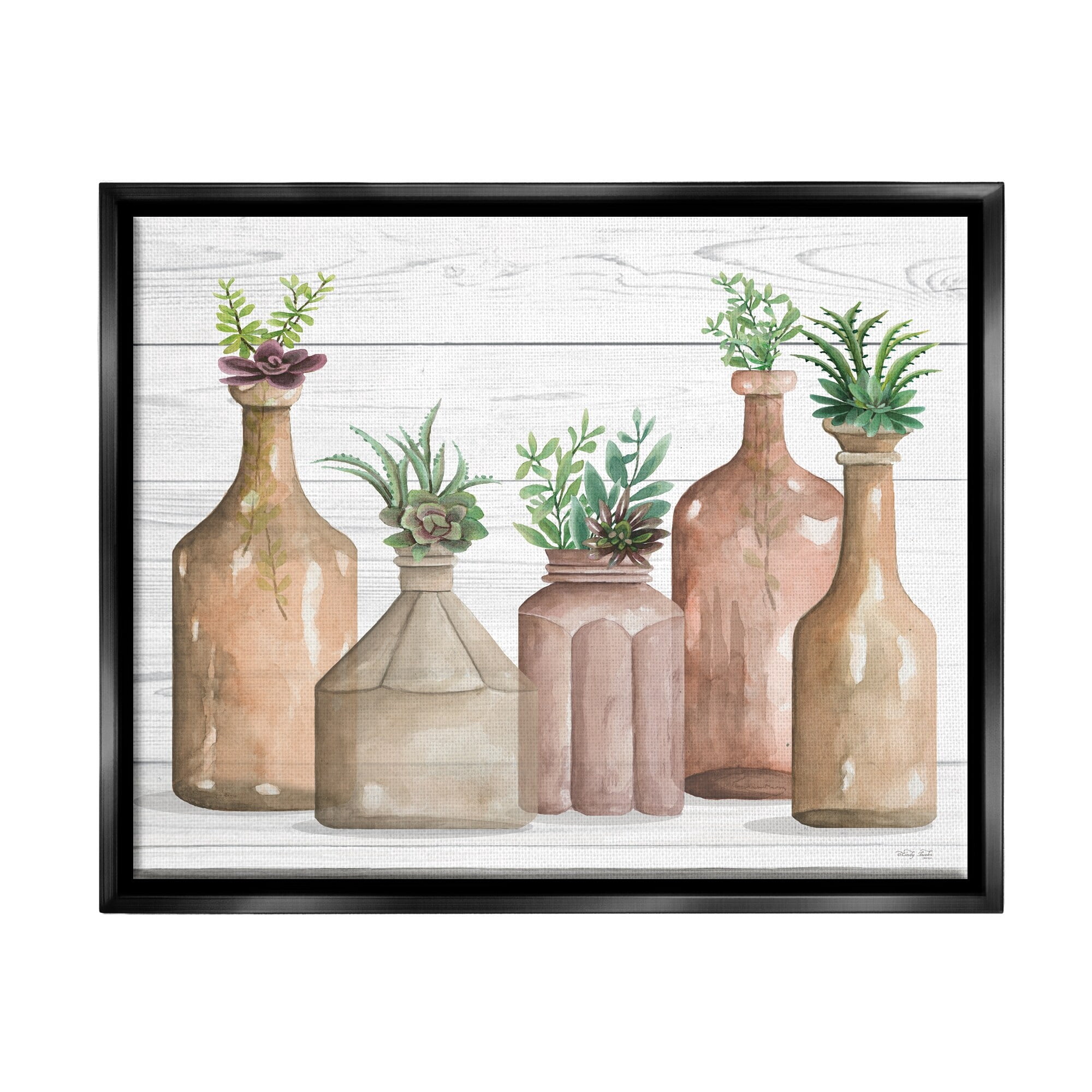 Stupell Industries Succulents Herbs Rustic Cottage Jars Leaves Arrangement Graphic Art Jet Black Floating Framed Canvas Print Wall Art, Design by Cindy Jacobs