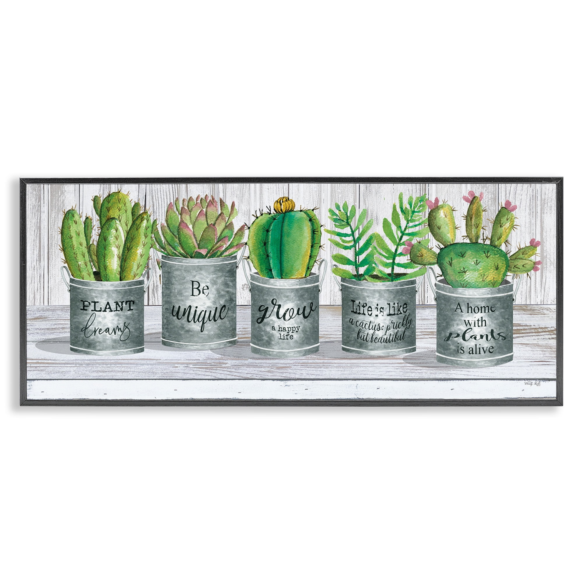 Stupell Industries Succulents with Plant Life Puns Inspirational Painting Black Framed Art Print Wall Art, 30 x 13