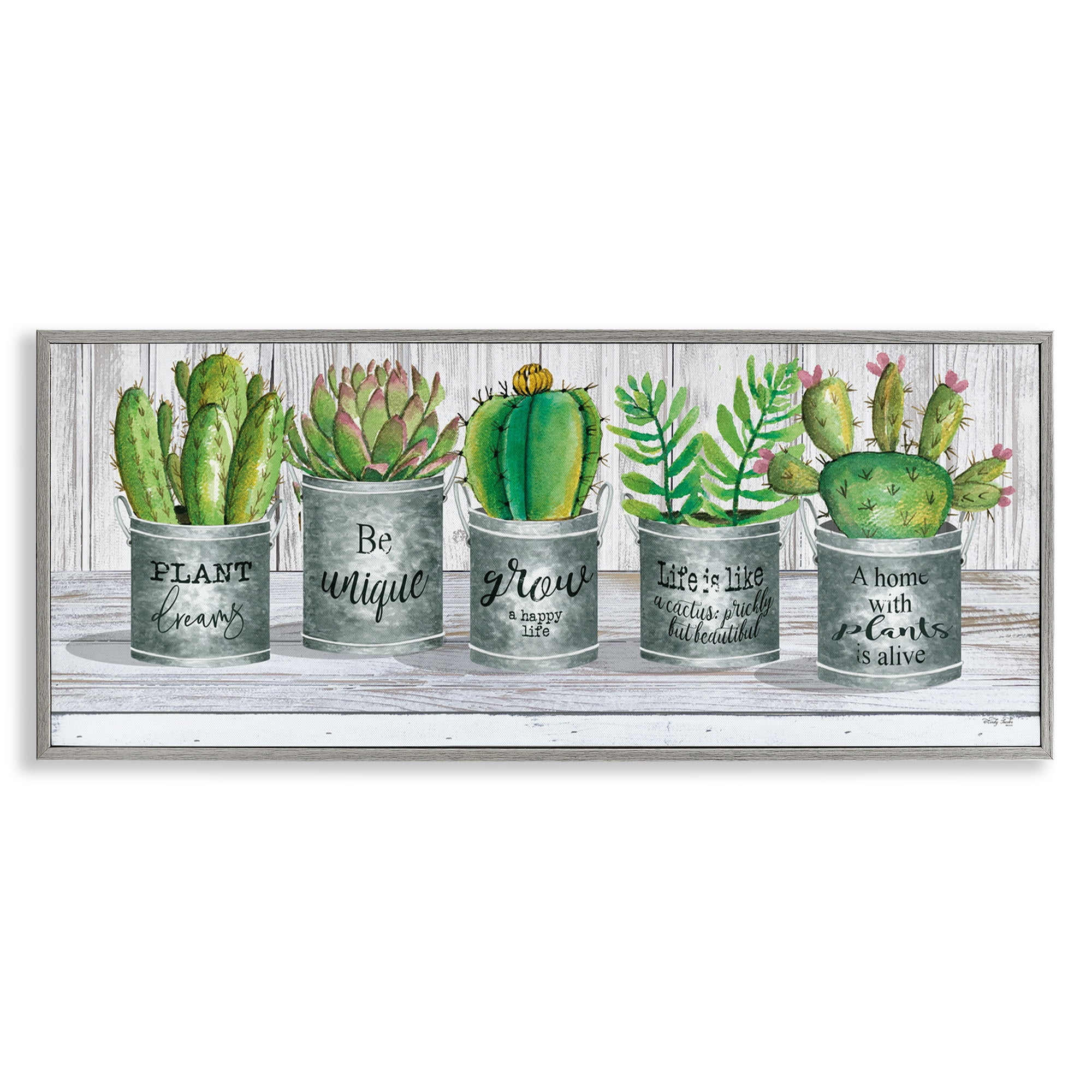 Stupell Industries Succulents with Plant Life Puns Inspirational Painting Gray Framed Art Print Wall Art, 24 x 10