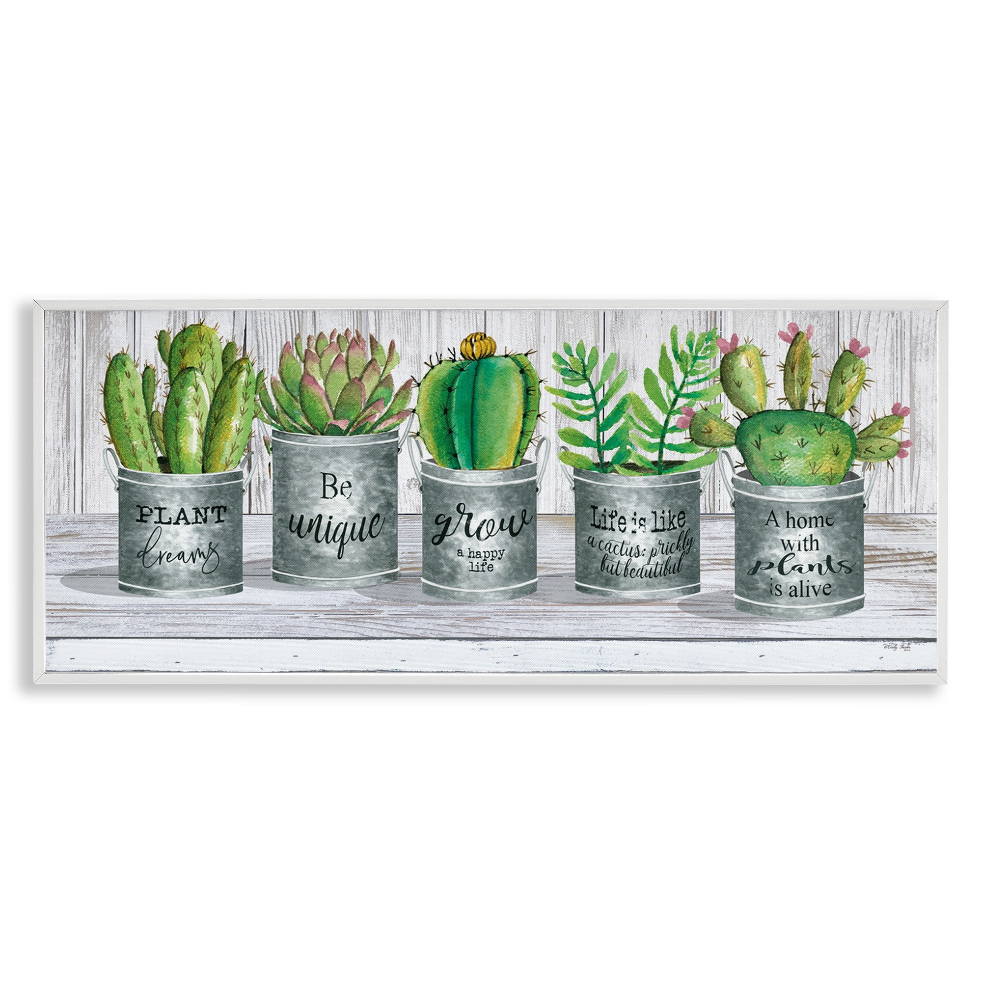 Stupell Industries Succulents with Plant Life Puns Inspirational Painting White Framed Art Print Wall Art, 30 x 13