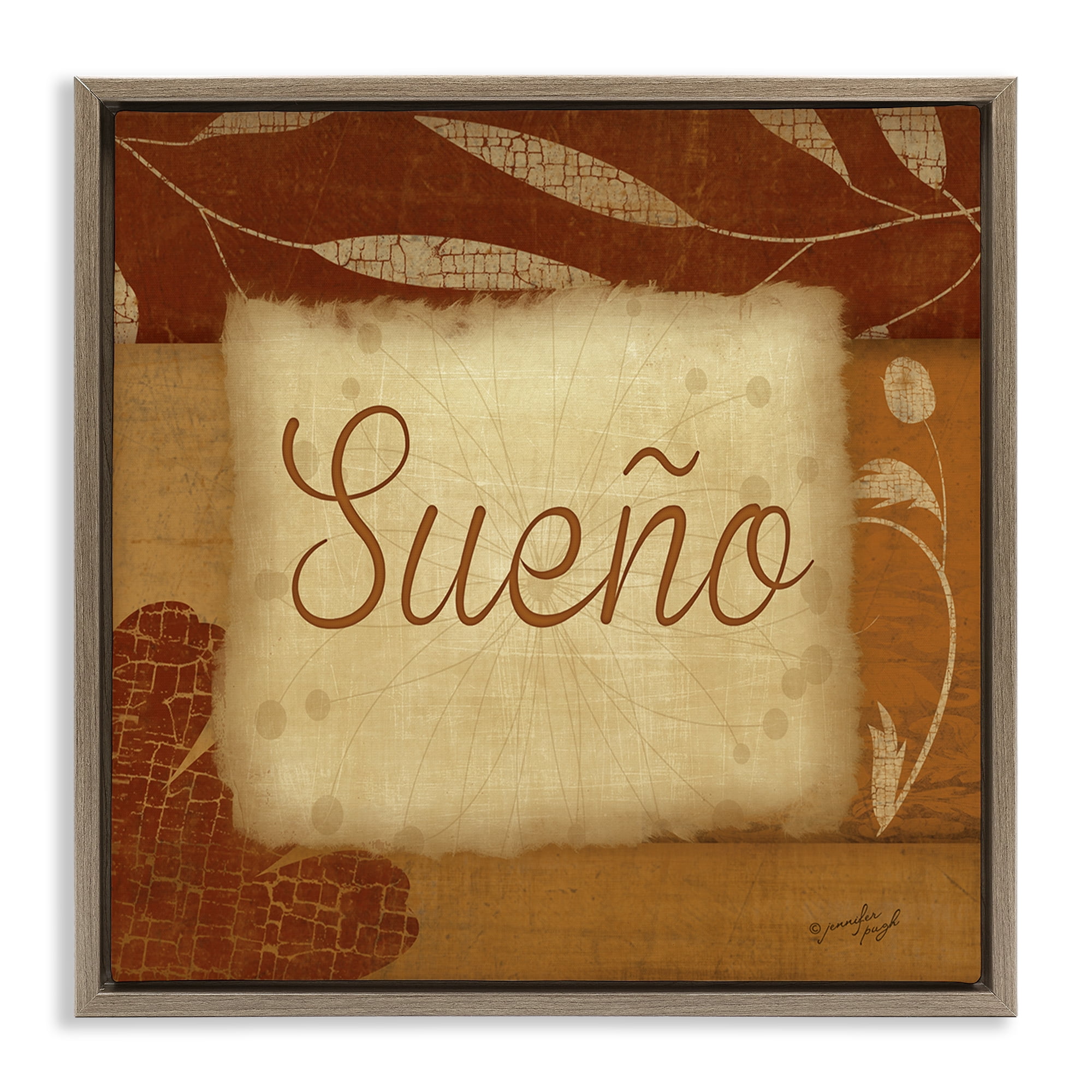 Stupell Industries Sueño con Flores Tradicionales Typography and Symbols Painting Brown Floater Framed Art Print Wall Art, 18 x 18
