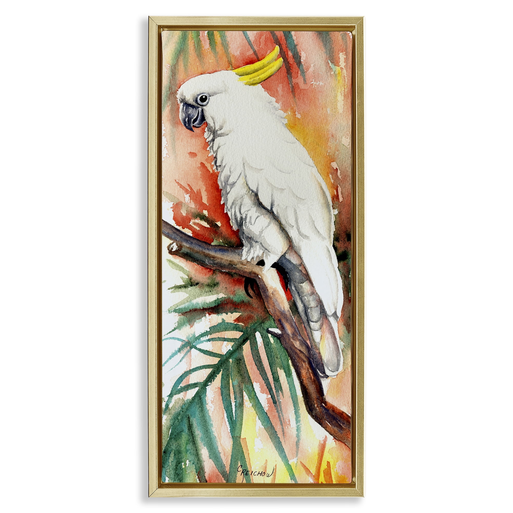 Stupell Industries Sulfer Crested Cockatoo Animals & Insects Painting Gold Floater Framed Canvas Art Print Wall Art, 11 x 25