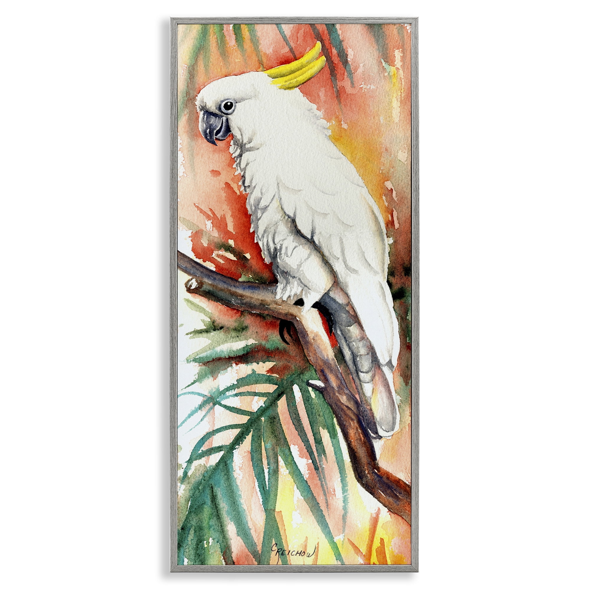 Stupell Industries Sulfer Crested Cockatoo Animals & Insects Painting Gray Framed Art Print Wall Art, 13 x 30