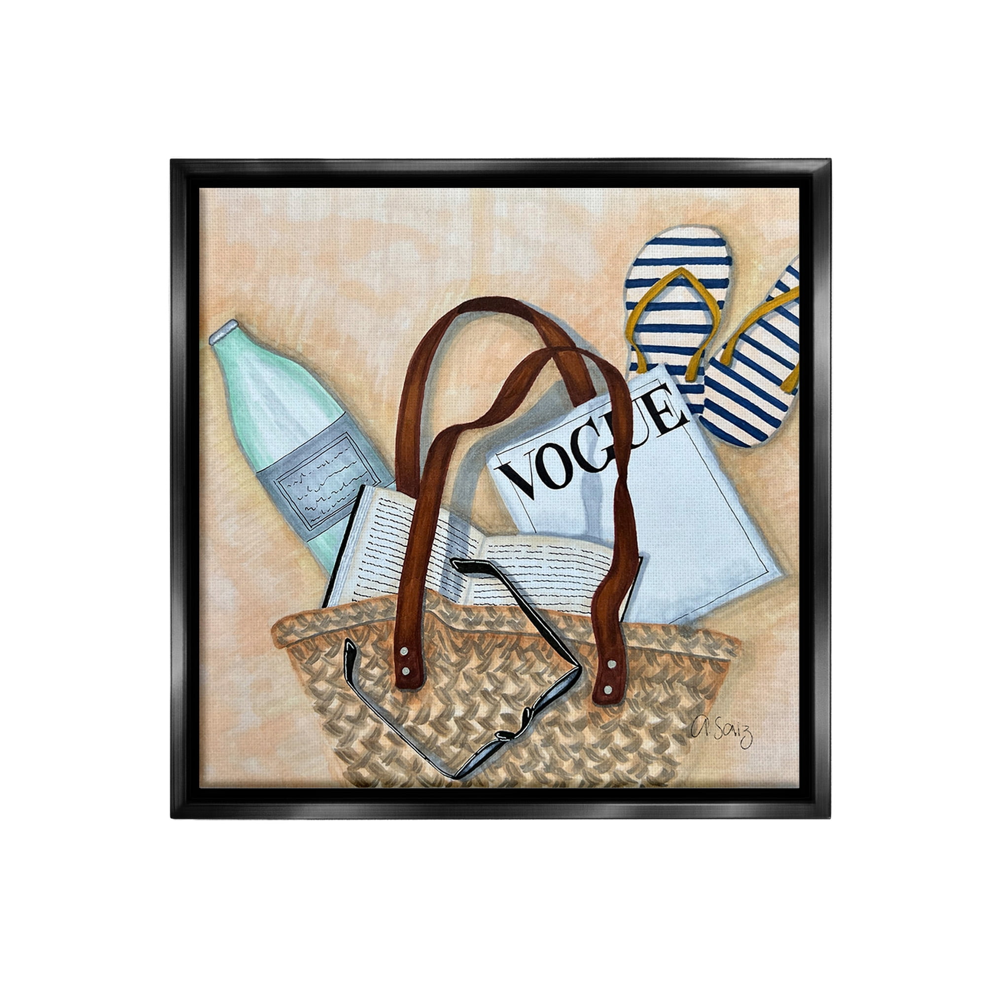 Stupell Industries Summer Beach Bag Beauty & Fashion Painting Black Floater Framed Canvas Art Print Wall Art, 25 x 25