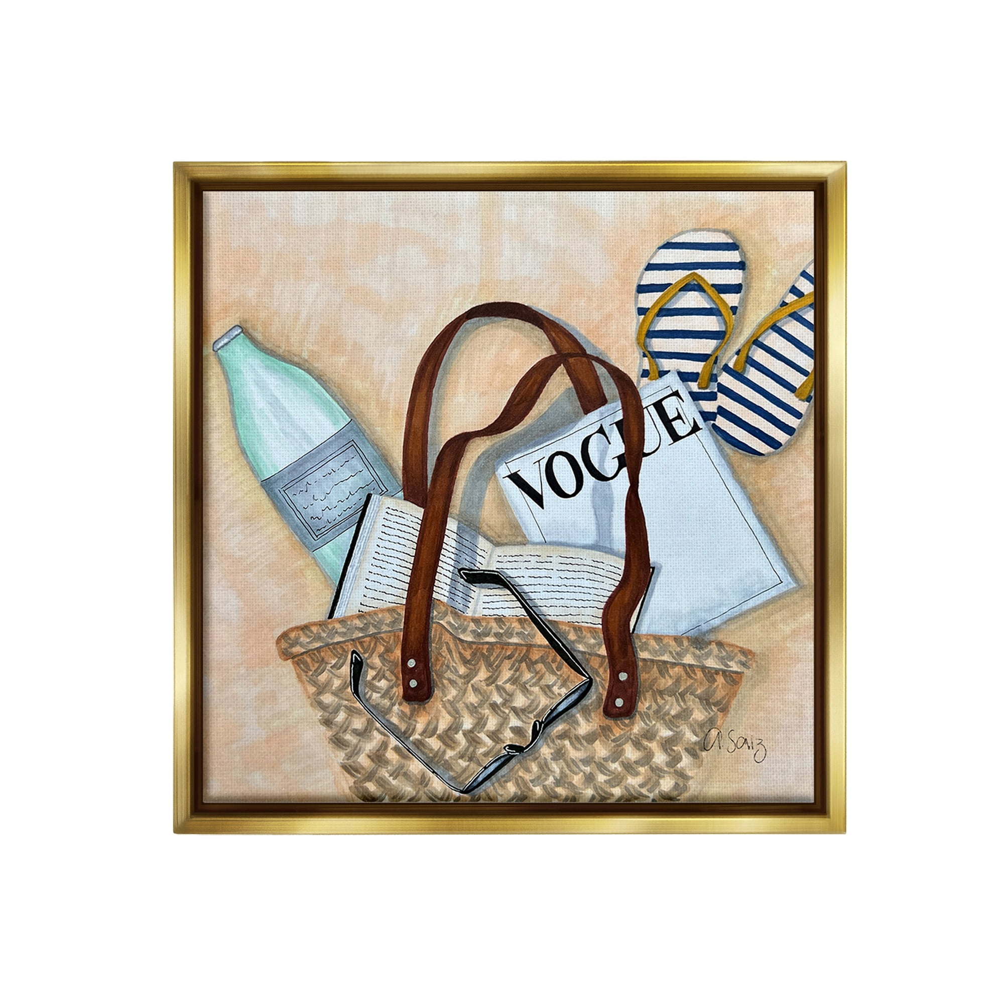 Stupell Industries Summer Beach Bag Beauty & Fashion Painting Gold Floater Framed Canvas Art Print Wall Art, 18 x 18