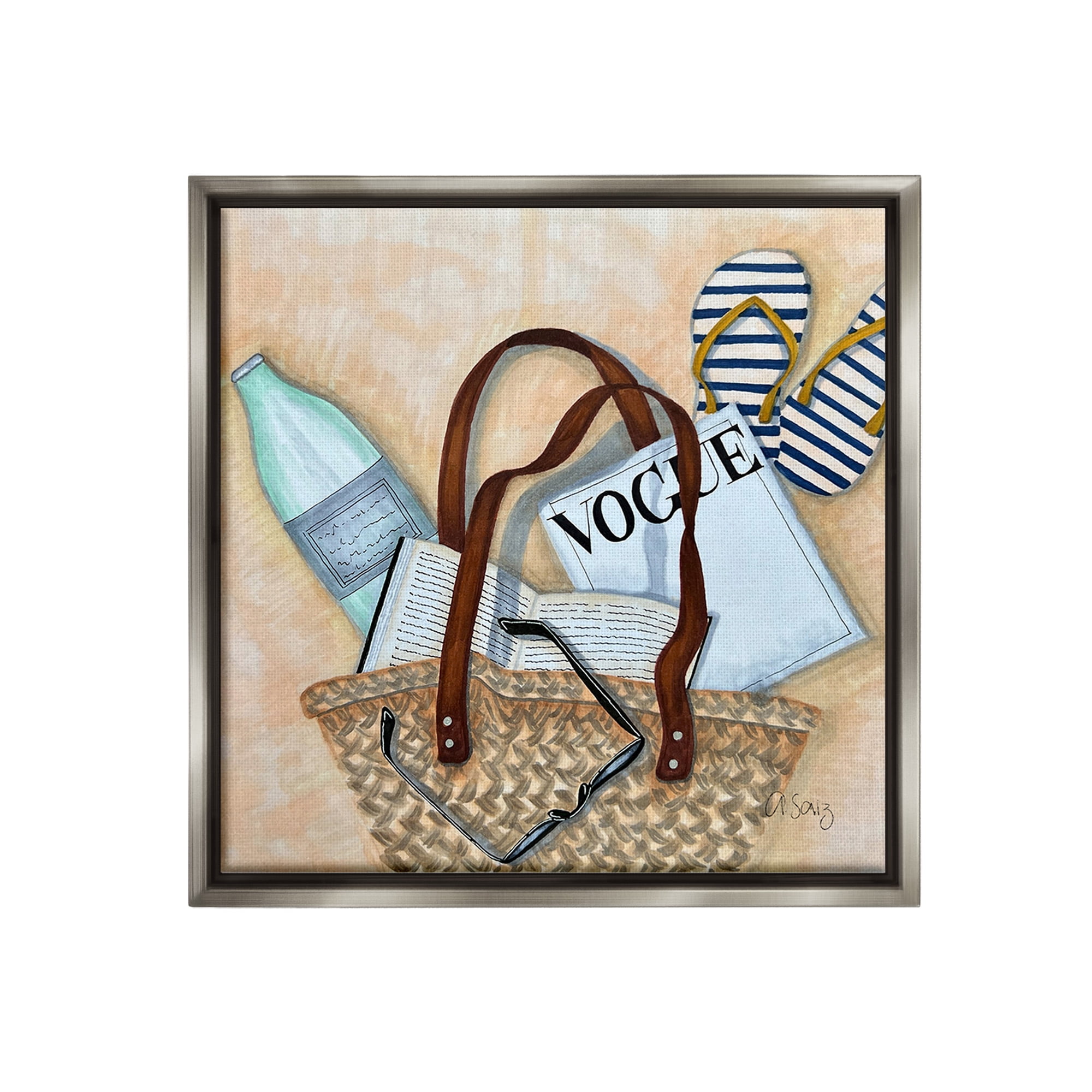 Stupell Industries Summer Beach Bag Beauty & Fashion Painting Gray Floater Framed Canvas Art Print Wall Art, 18 x 18