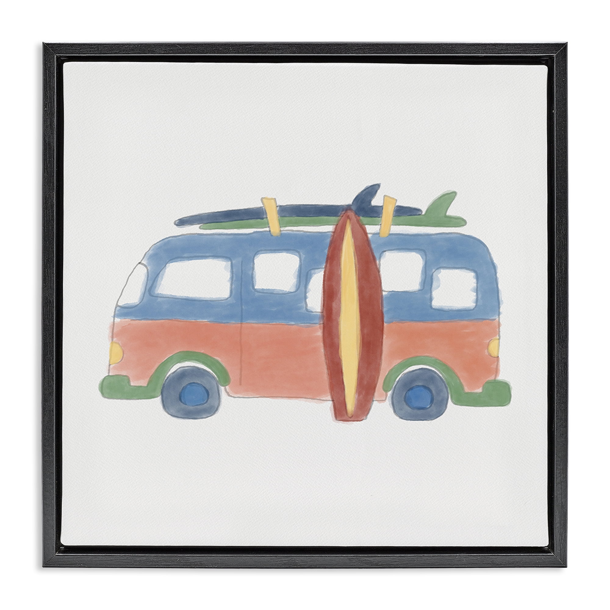 Stupell Industries Summer Beach Bus Transportation Painting Black Floater Framed Canvas Art Print Wall Art, 18 x 18