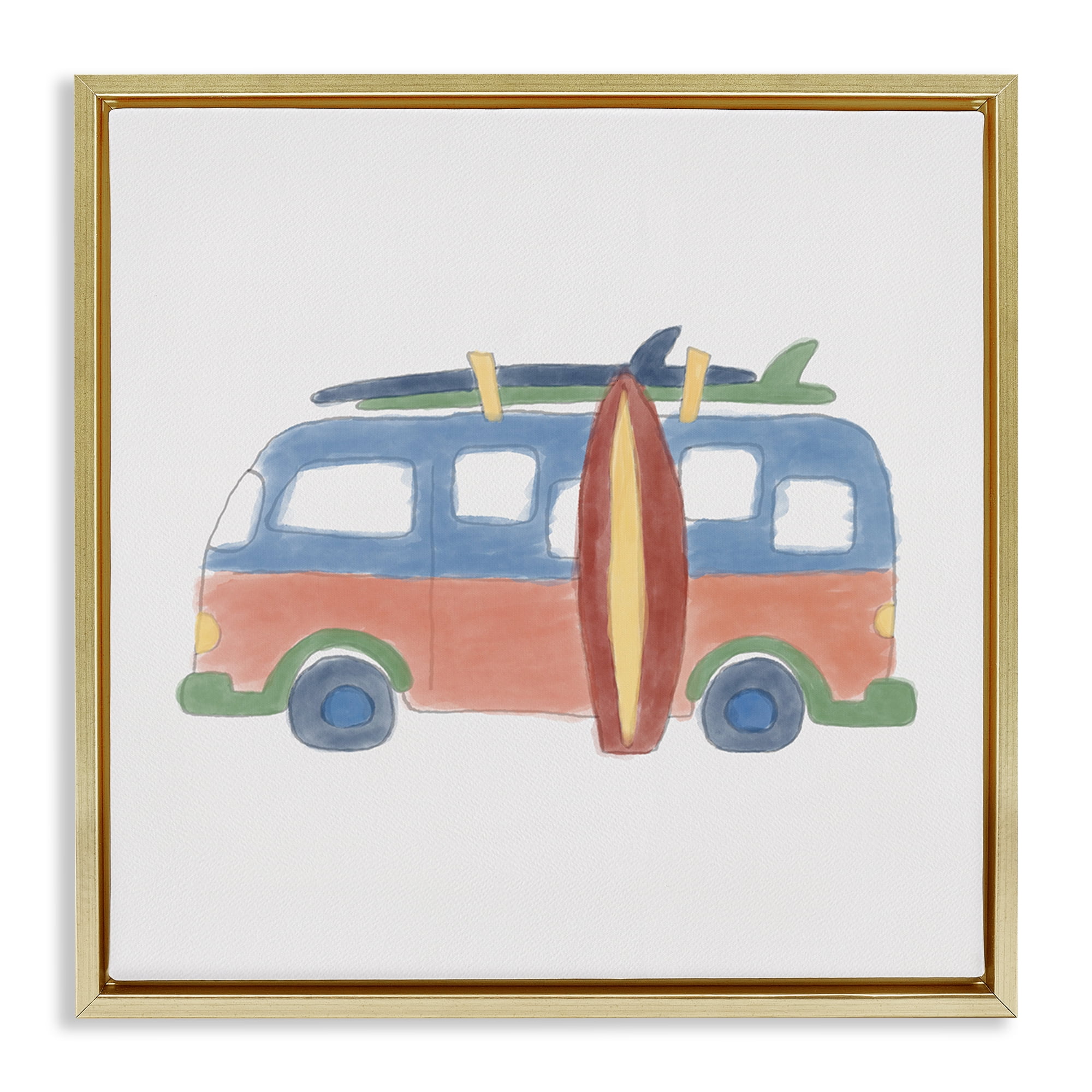 Stupell Industries Summer Beach Bus Transportation Painting Gold Floater Framed Canvas Art Print Wall Art, 18 x 18