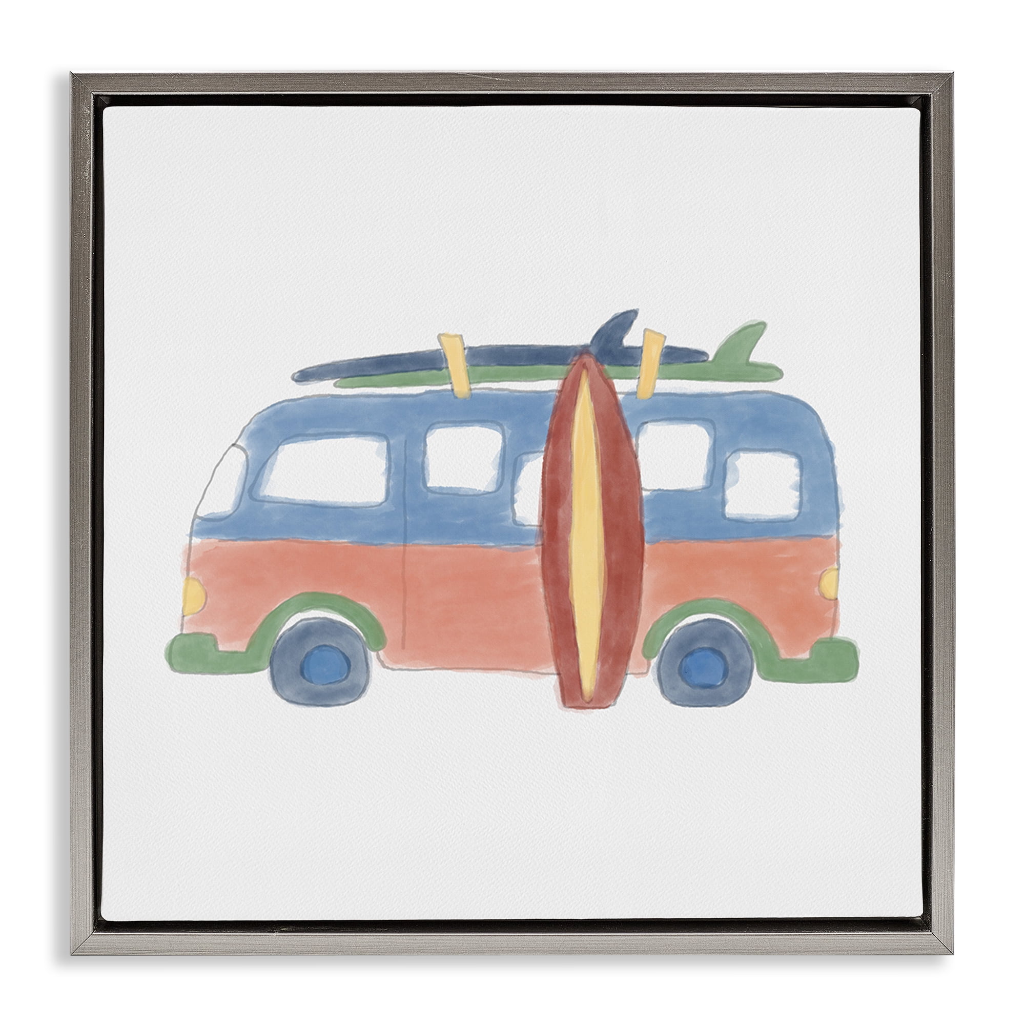 Stupell Industries Summer Beach Bus Transportation Painting Gray Floater Framed Canvas Art Print Wall Art, 25 x 25