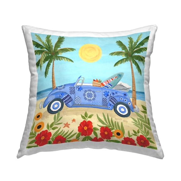 Stupell Industries Summer Beach Car Between Palms Square Decorative Printed Throw Pillow, 18 x 18,