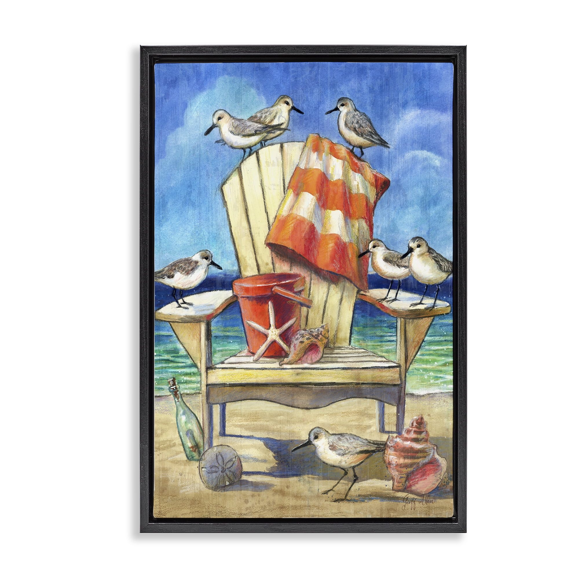 Stupell Industries Summer Beach Chair Seagulls Nautical & Beach Painting Black Floater Framed Canvas Art Print Wall Art, 17 x 25