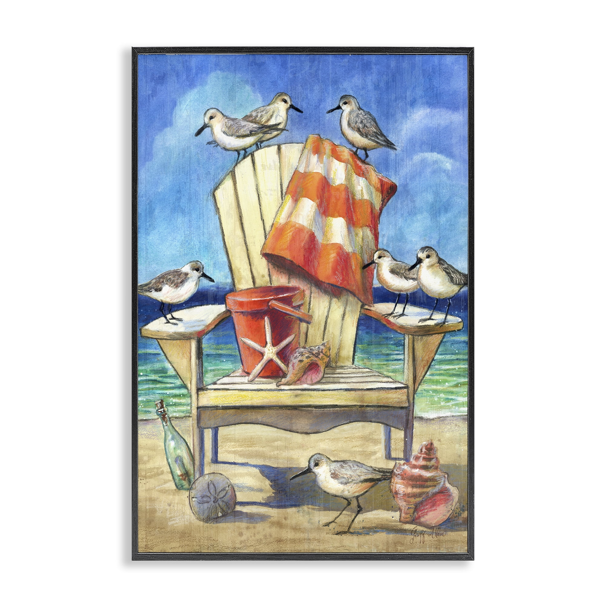 Stupell Industries Summer Beach Chair Seagulls Nautical & Beach Painting Black Framed Art Print Wall Art, 16 x 24