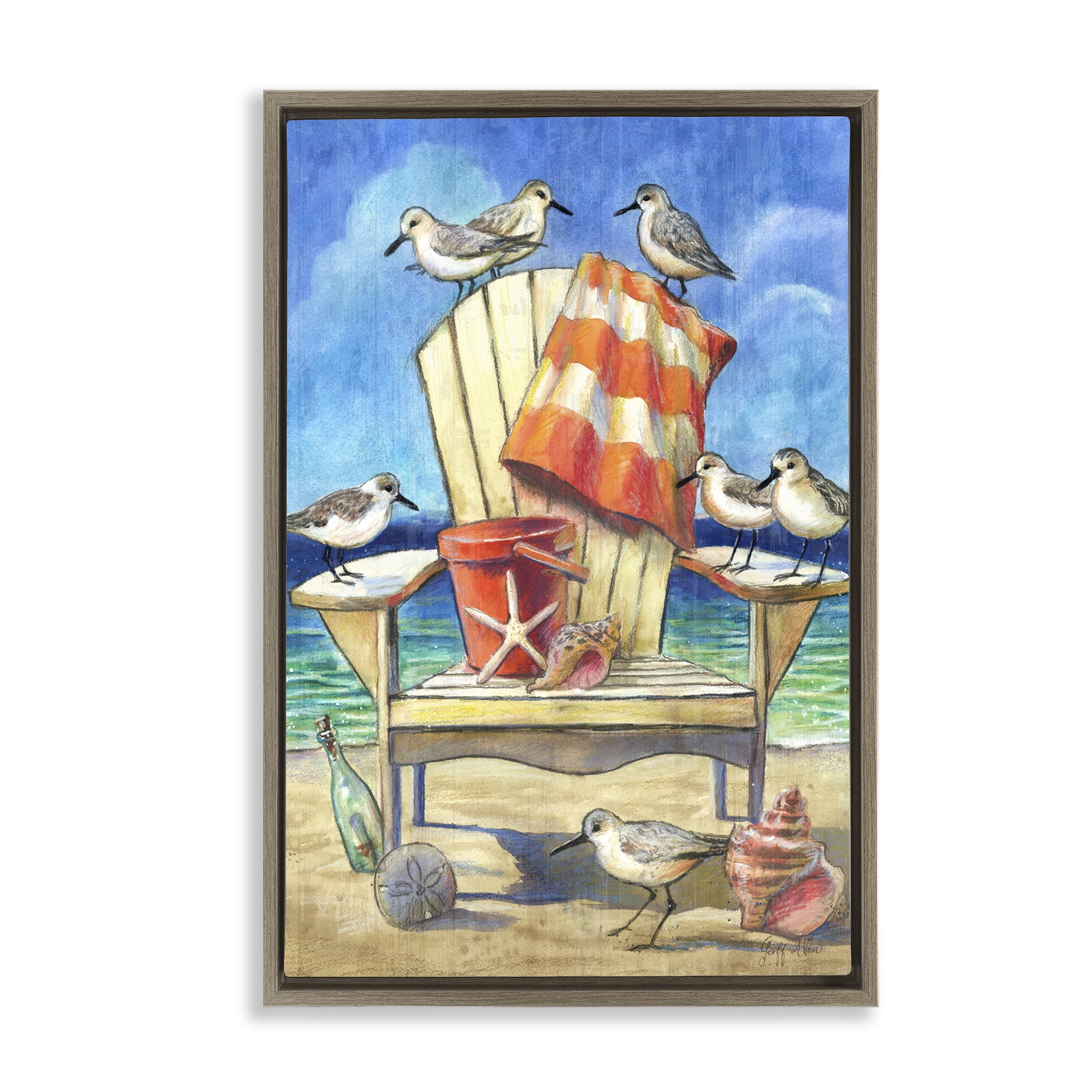 Stupell Industries Summer Beach Chair Seagulls Nautical & Beach Painting Brown Floater Framed Canvas Art Print Wall Art, 17 x 25
