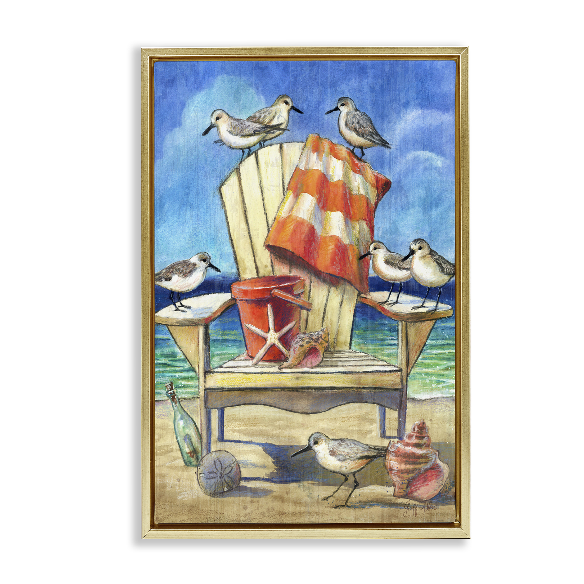 Stupell Industries Summer Beach Chair Seagulls Nautical & Beach Painting Gold Floater Framed Canvas Art Print Wall Art, 21 x 31