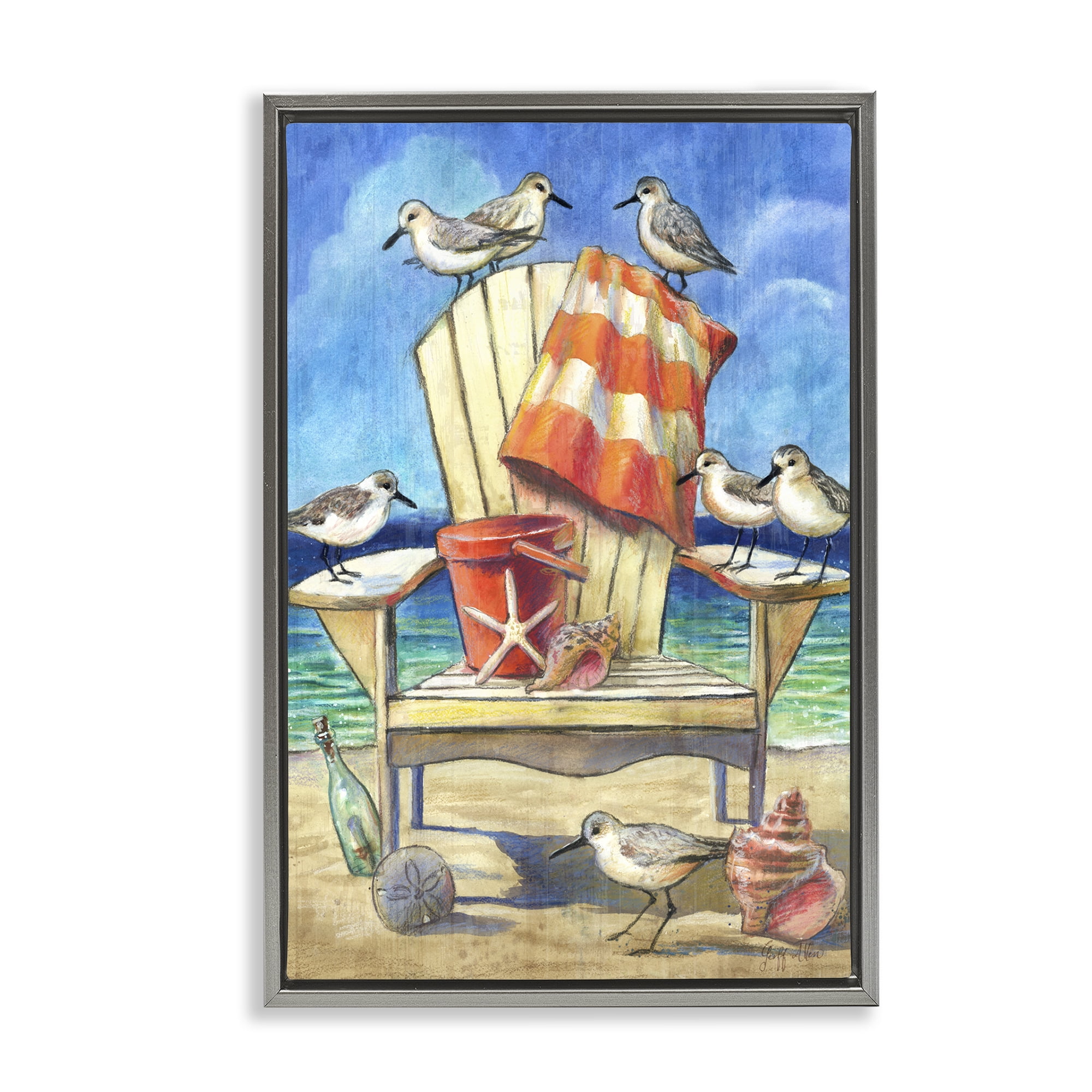 Stupell Industries Summer Beach Chair Seagulls Nautical & Beach Painting Gray Floater Framed Canvas Art Print Wall Art, 17 x 25