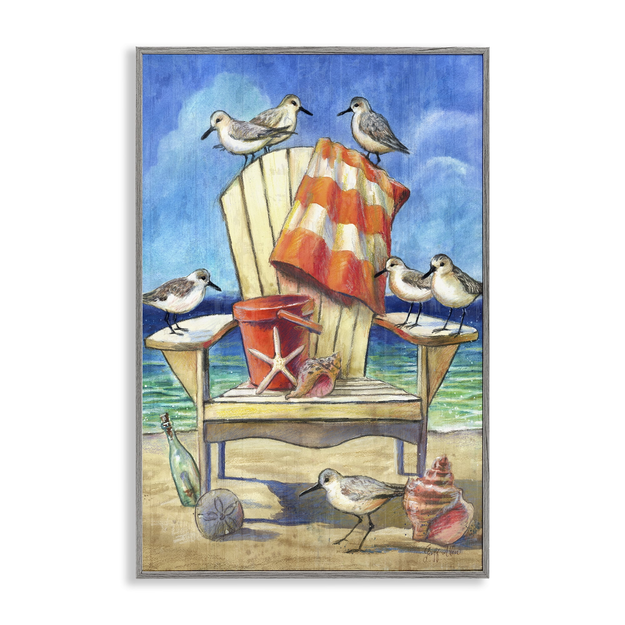 Stupell Industries Summer Beach Chair Seagulls Nautical & Beach Painting Gray Framed Art Print Wall Art, 16 x 24