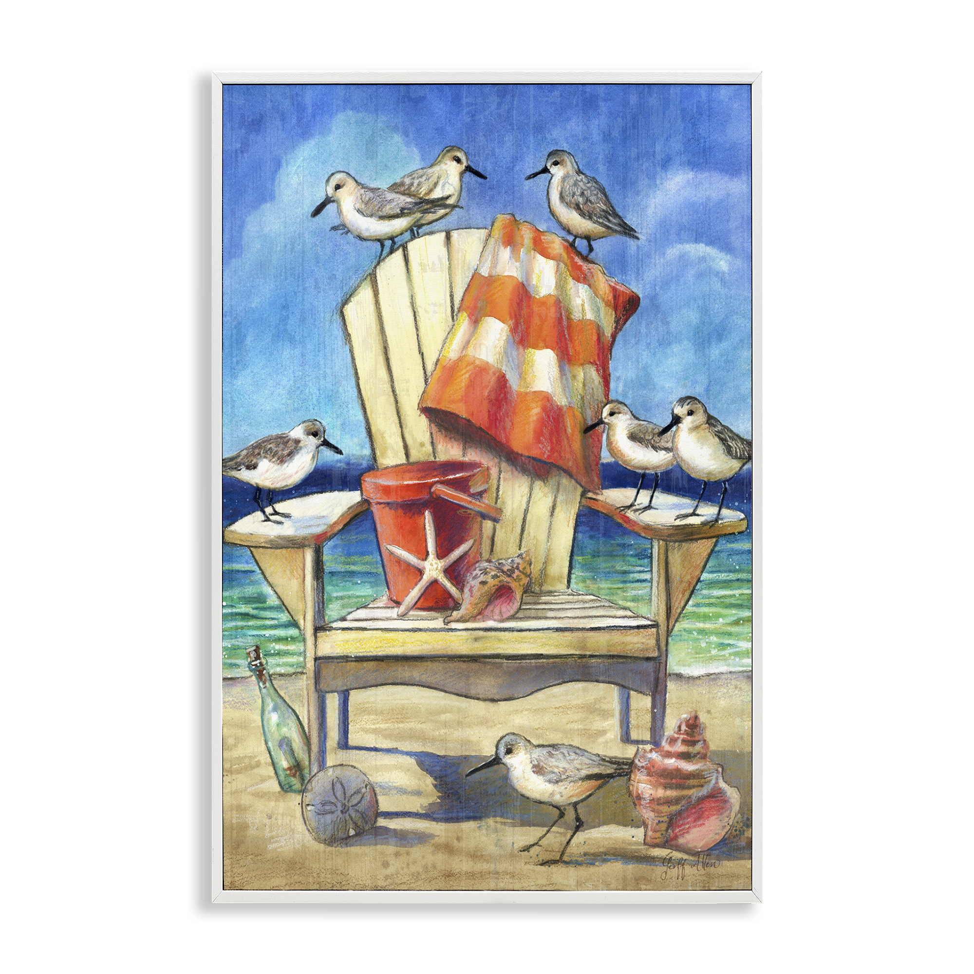 Stupell Industries Summer Beach Chair Seagulls Nautical & Beach Painting White Framed Art Print Wall Art, 20 x 30