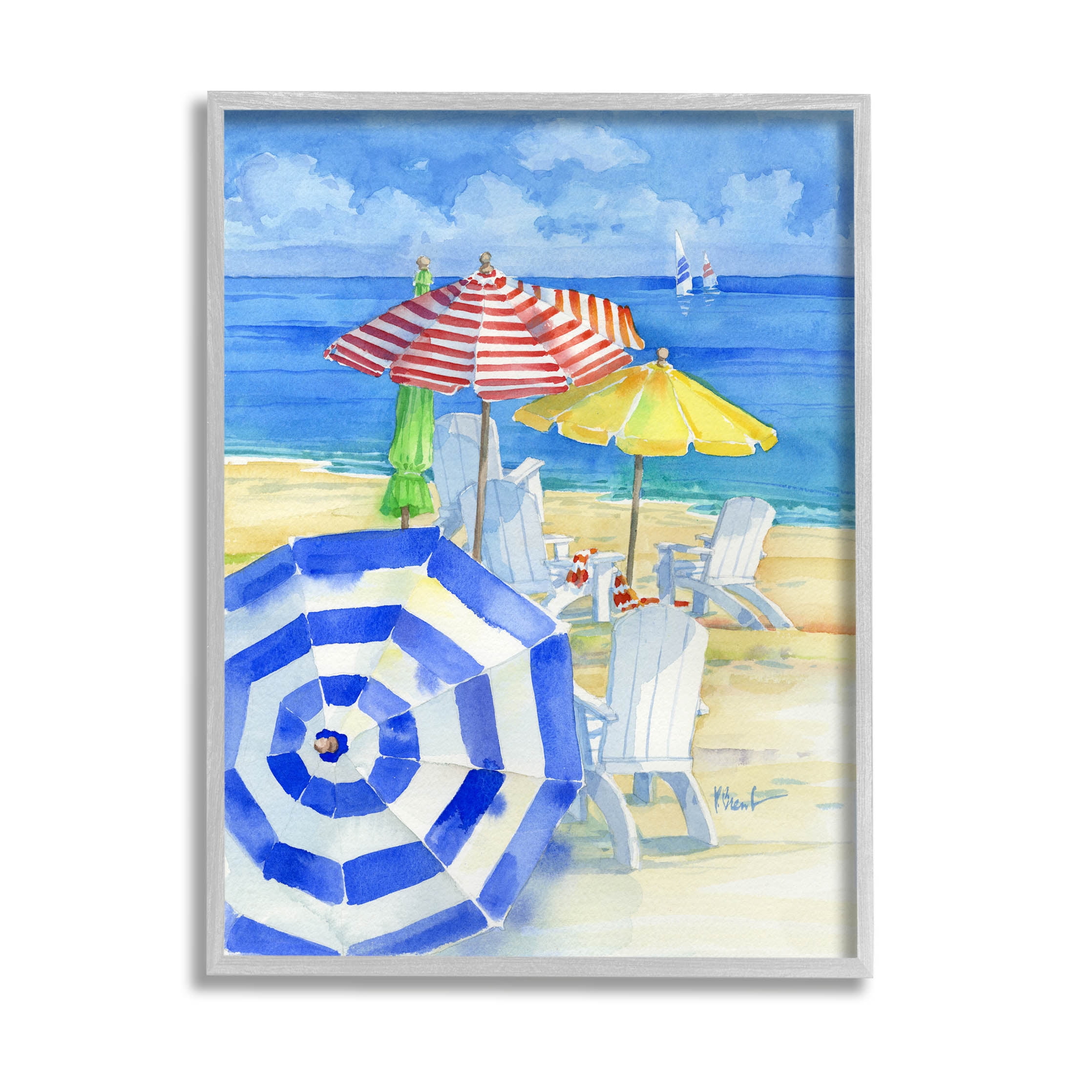 Stupell Industries Summer Beach Coast Ocean Waves Painting Gray Framed Art Print Wall Art, Design by Paul Brent