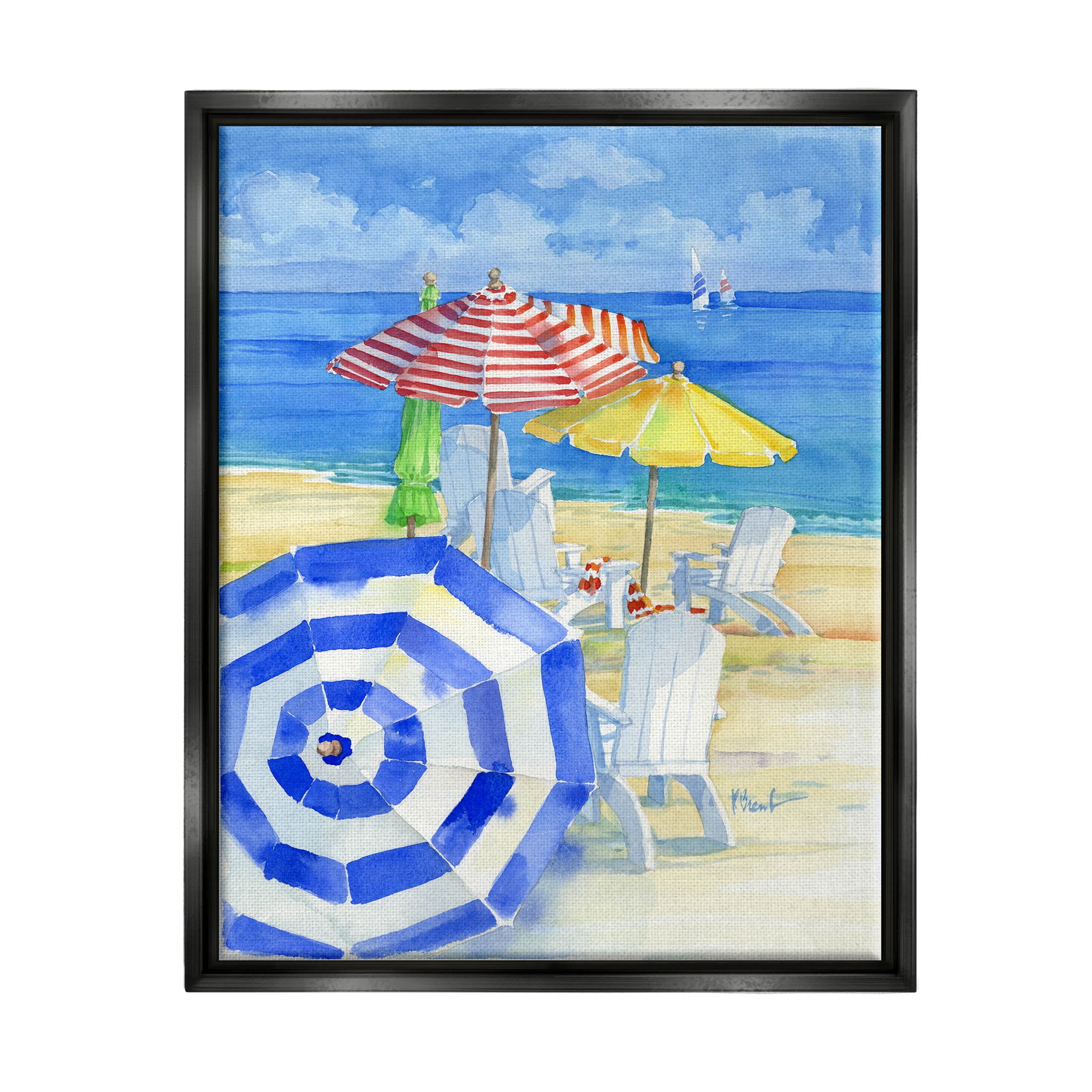 Stupell Industries Summer Beach Coast Ocean Waves Painting Jet Black Floating Framed Canvas Print Wall Art, Design by Paul Brent