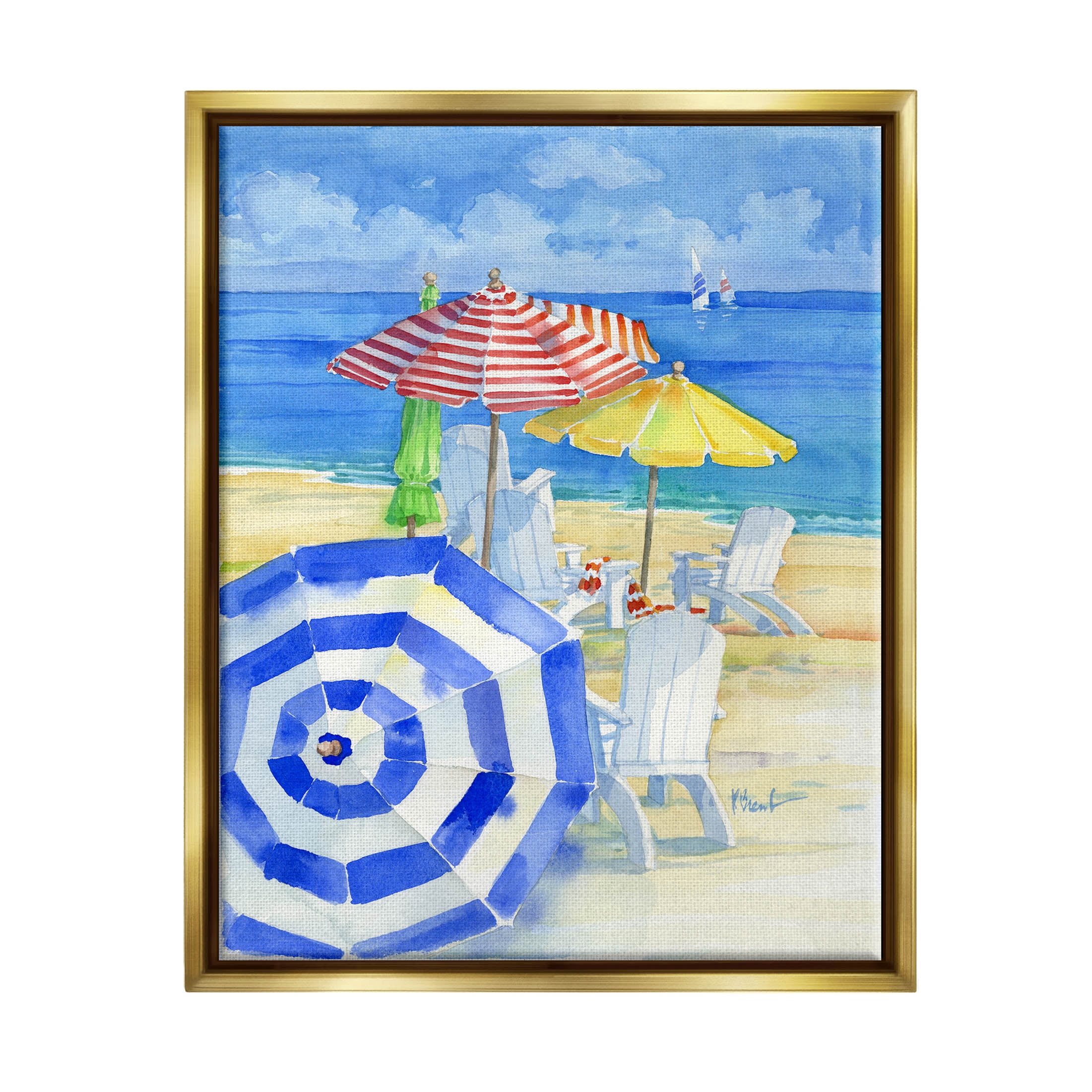 Stupell Industries Summer Beach Coast Ocean Waves Painting Metallic Gold Floating Framed Canvas Print Wall Art, Design by Paul Brent