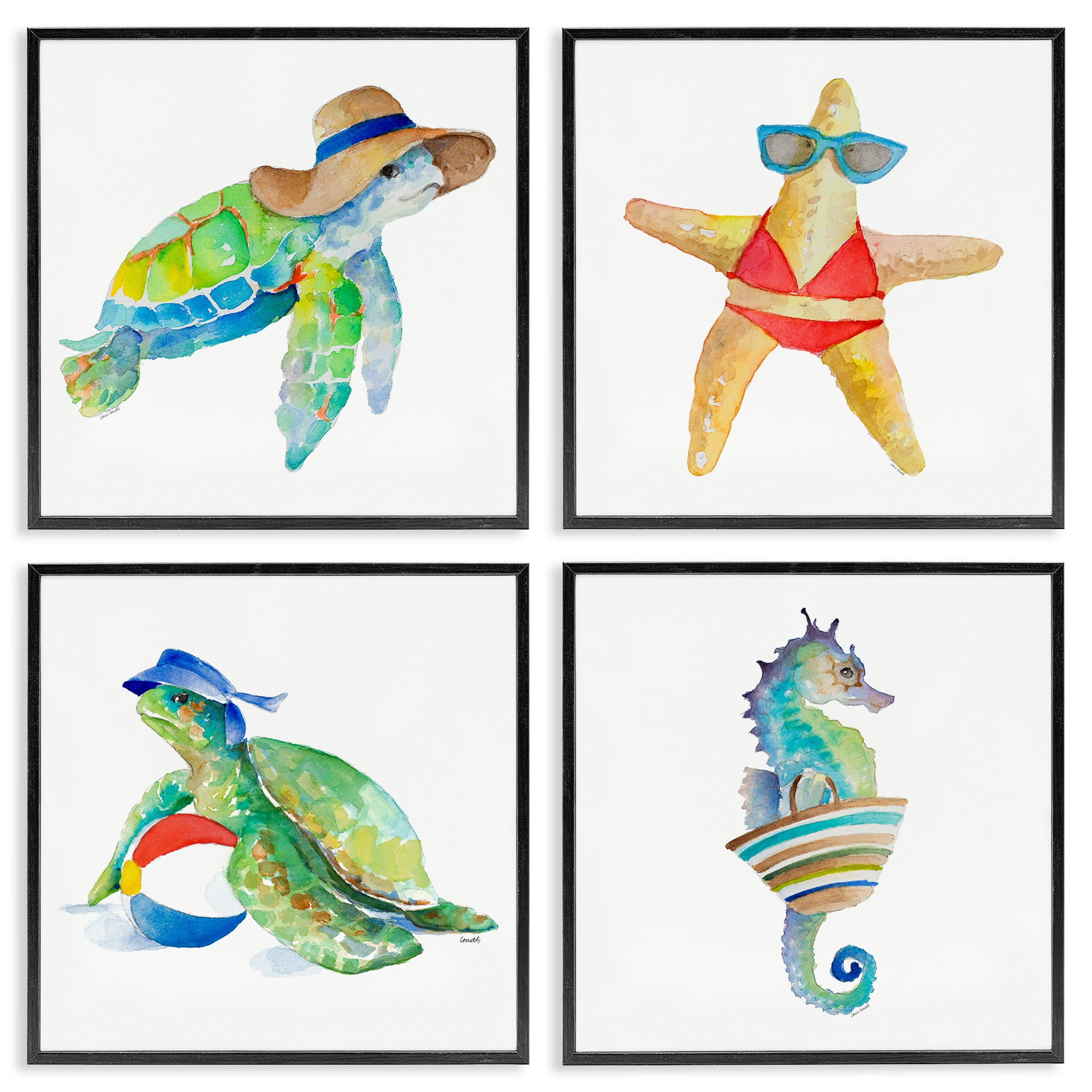 Stupell Industries Summer Beach Creatures Nautical & Beach Painting Black Framed Art Print Wall Art, 17 x 17, Set of 4