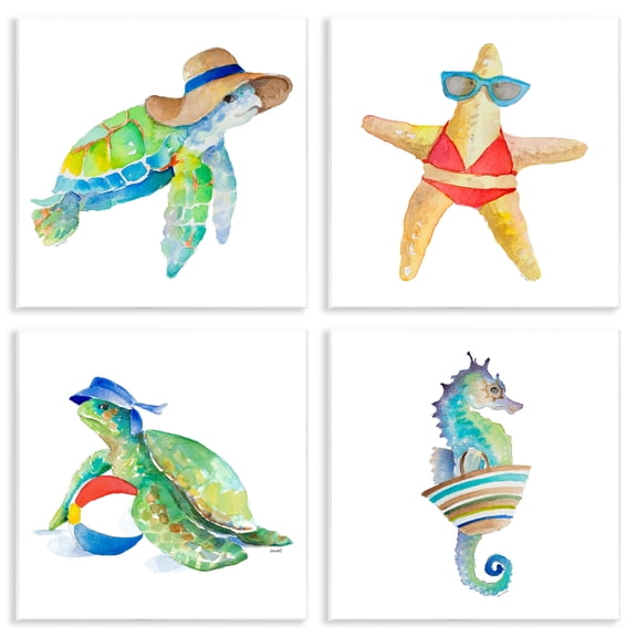Stupell Industries Summer Beach Creatures Nautical & Beach Painting Unframed Art Print Wall Art, 12 x 12, Set of 4