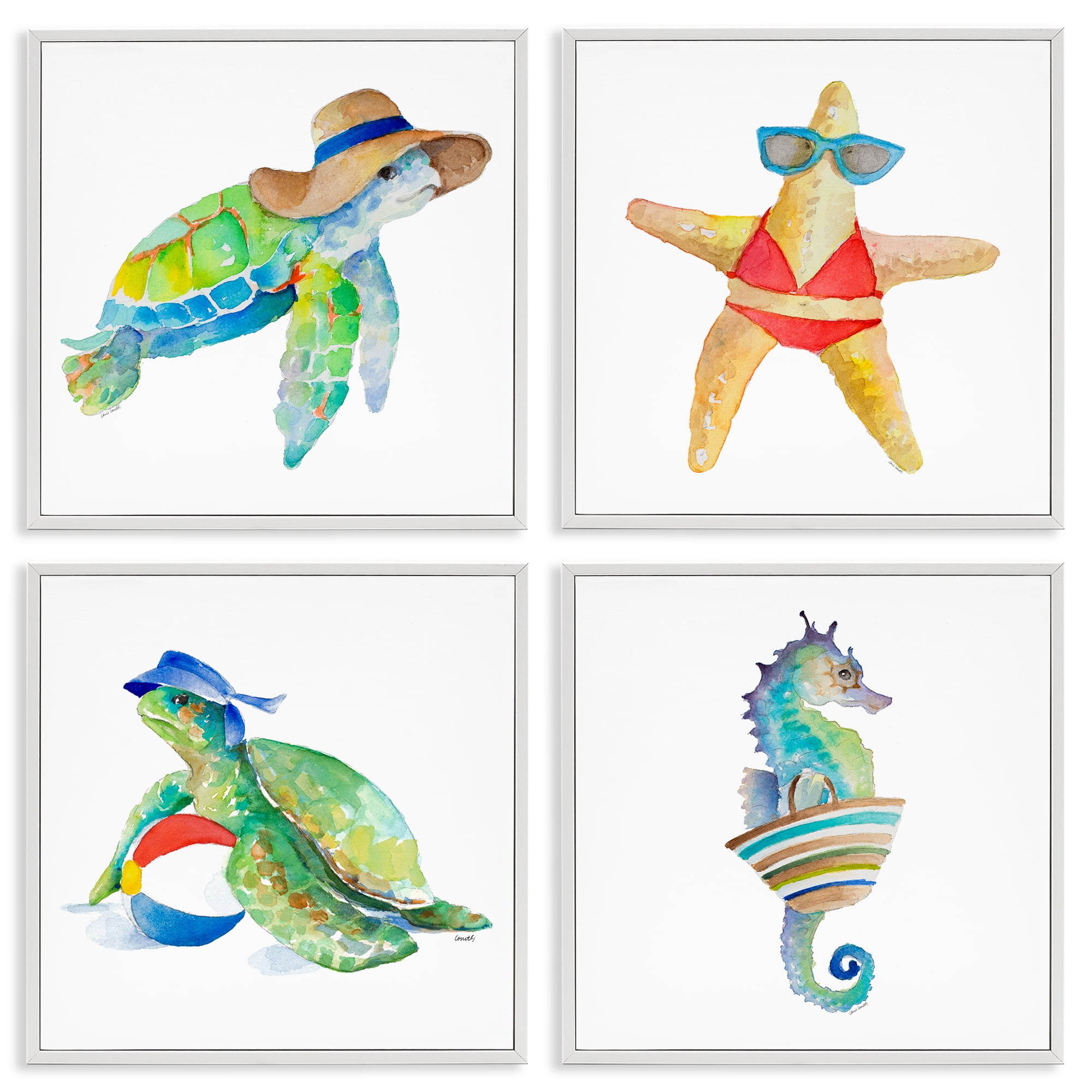 Stupell Industries Summer Beach Creatures Nautical & Beach Painting White Framed Art Print Wall Art, 17 x 17, Set of 4