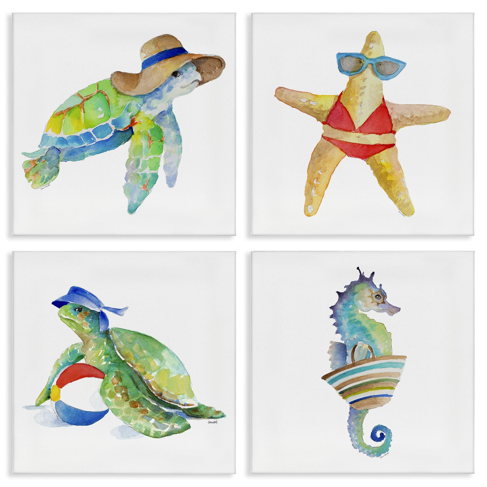 Stupell Industries Summer Beach Creatures Nautical & Beach Painting Wrapped Canvas Art Print Wall Art, 17 x 17, Set of 4