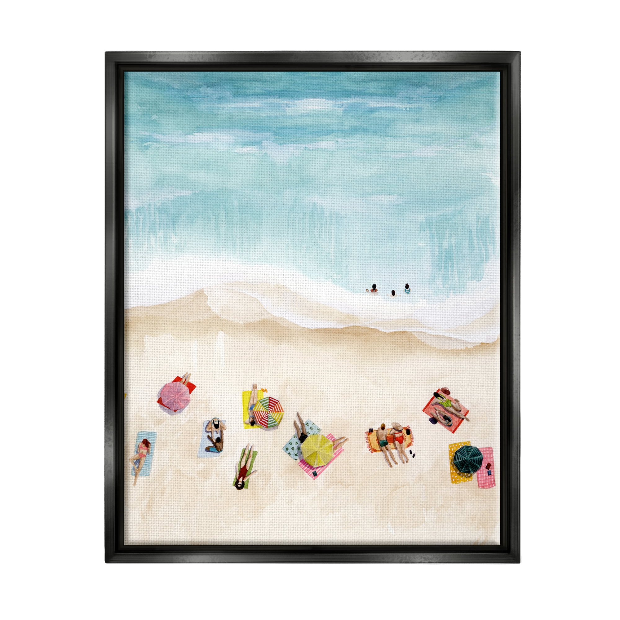 Stupell Industries Summer Beach Day People Swimming Coastal Painting Black Floater Framed Art Print Wall Art