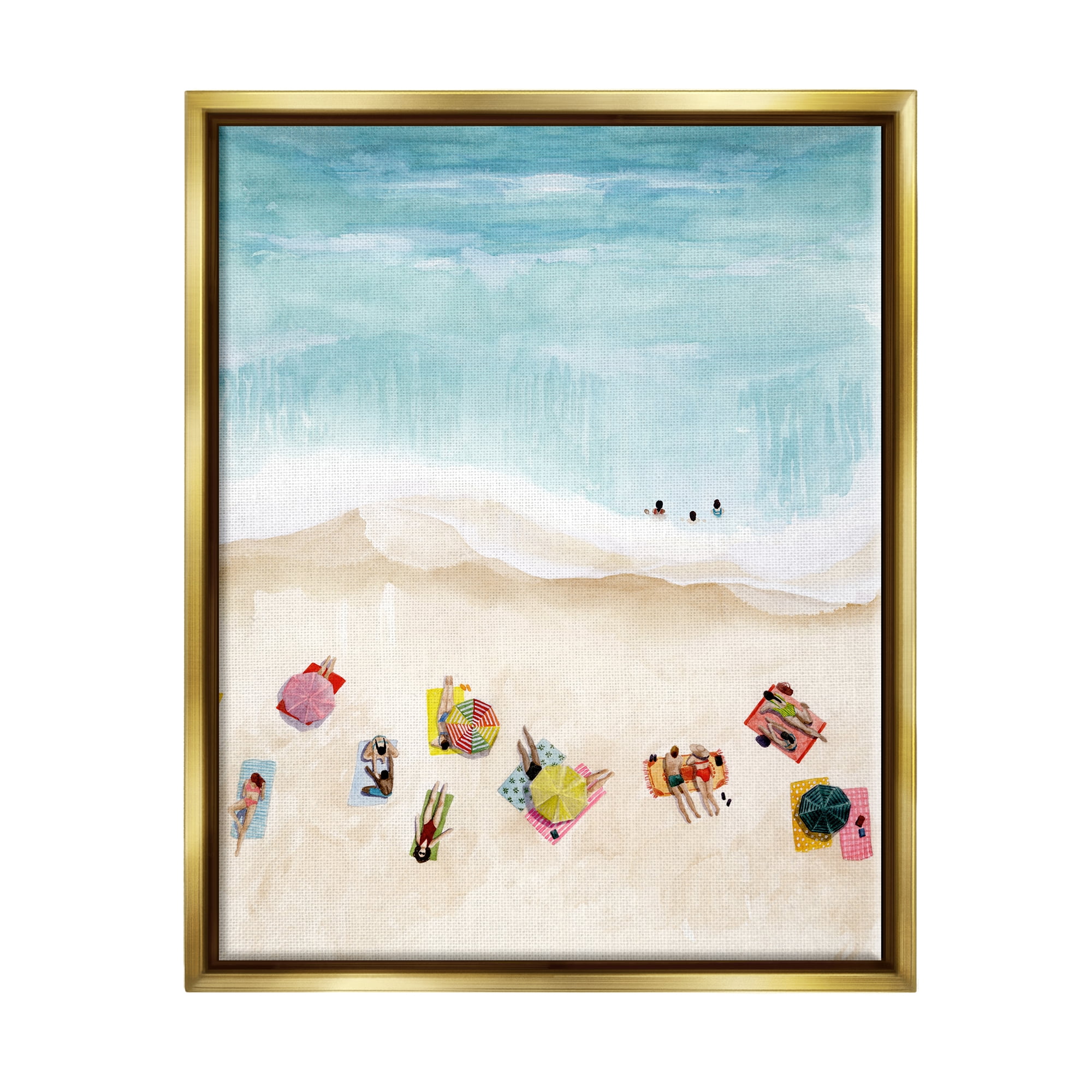 Stupell Industries Summer Beach Day People Swimming Coastal Painting Gold Floater Framed Art Print Wall Art